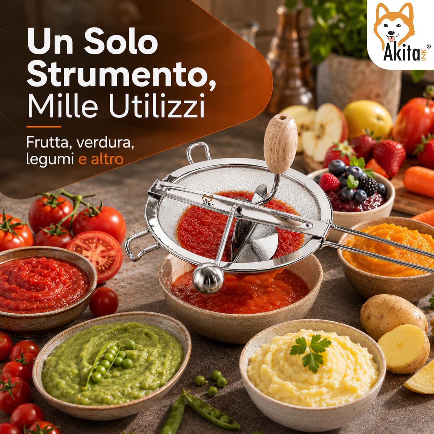 Akitaink Passacolino 20 cm con Retina 0,64 mm, Setaccio Manuale per Marmellate, Farina, Verdure, Frutta e Legumi