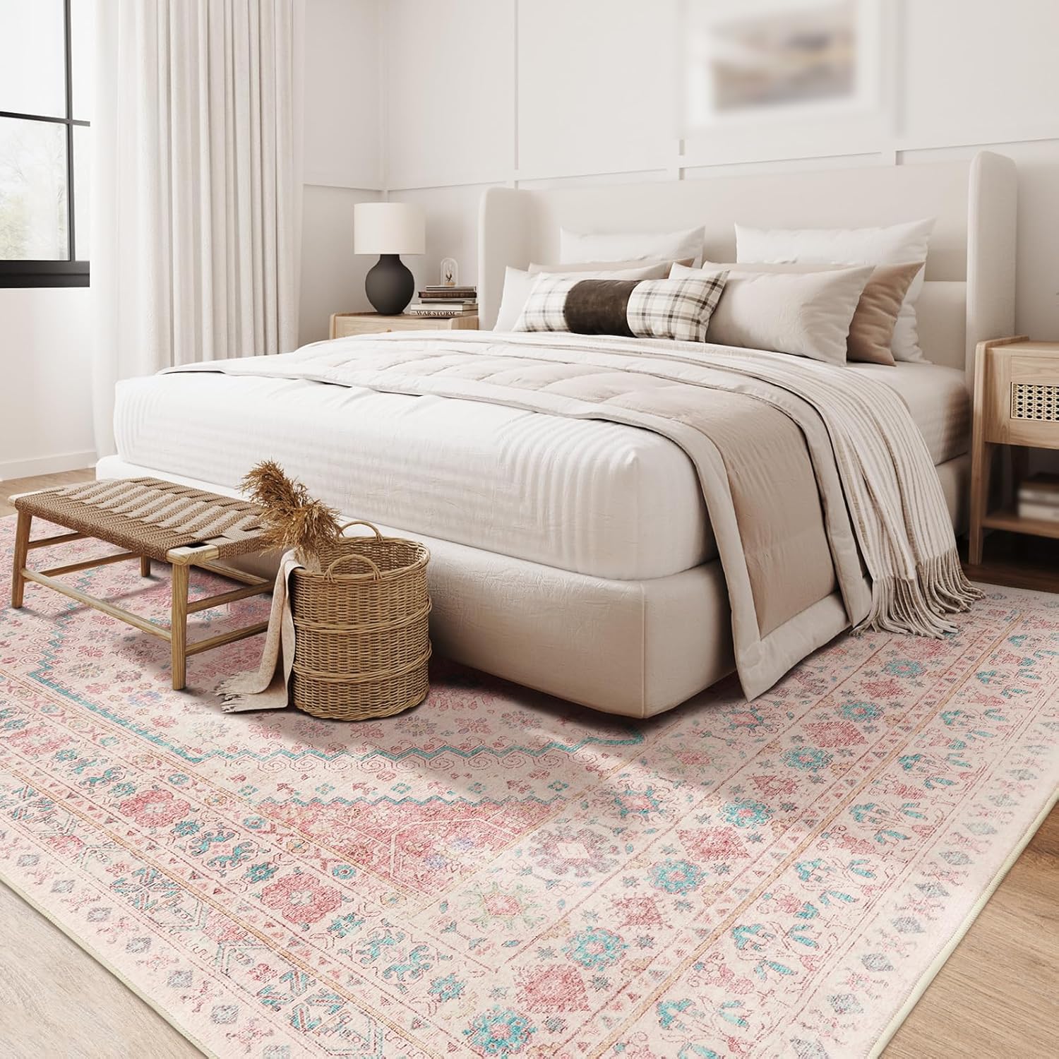 Tapis de zone salon contemporain design moderne bleu et rose pour coin lecture