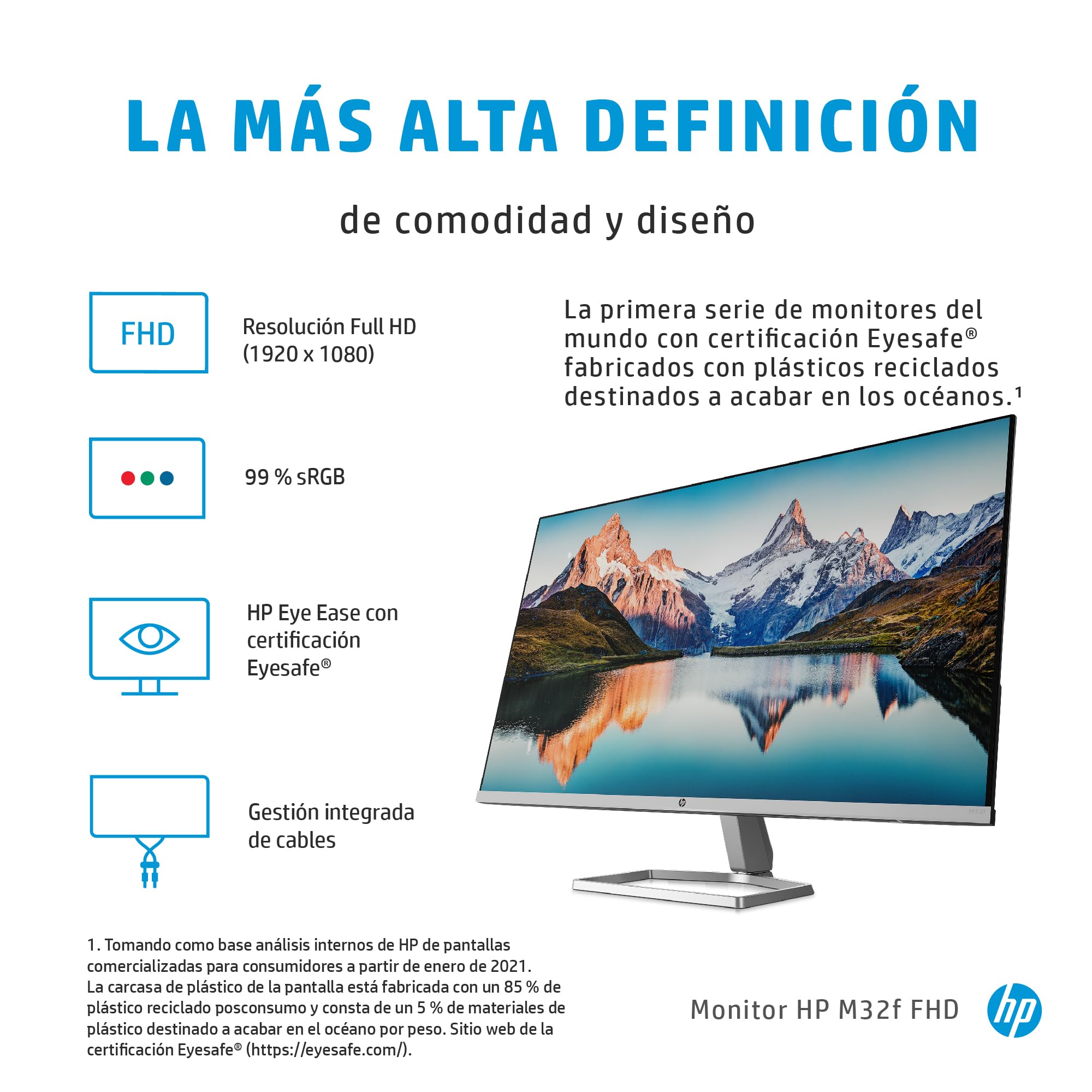 HP M32f - Monitor de 32" FHD (1920 x 1080 a 75 Hz, Panel VA, 7ms, VGA, HDMI 1.4, AMD FreeSync, Low Blue Light, Antireflectante, Micro-Borde de Tres Lados) Plateado y Negro
