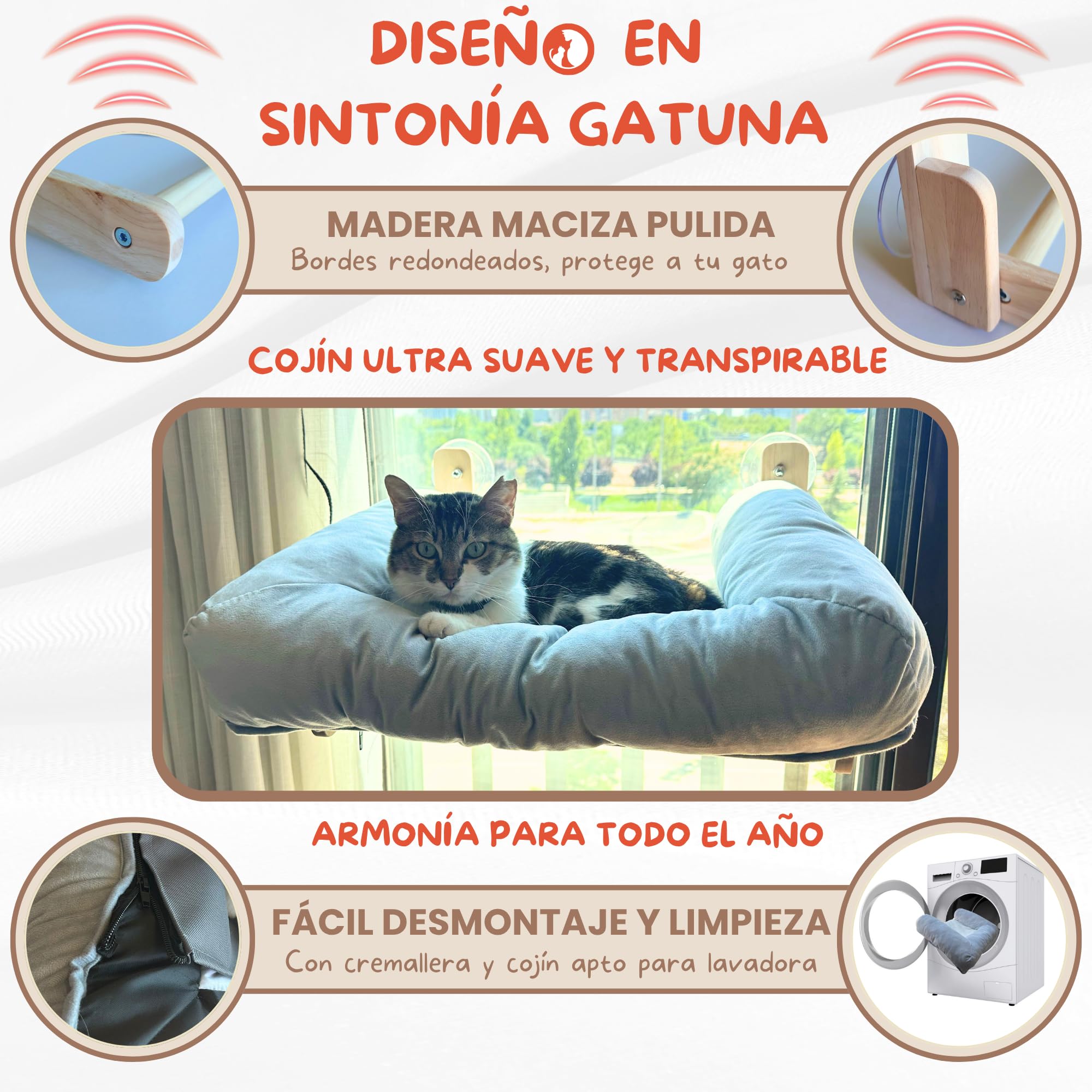 CATTUNED | Cama Gato Ventana, Madera Maciza + Cama-Nido Ultra Suave, Ventosas Extra Fuertes, Diseño Minimalista, Ideal para Interior Moderno, Hamaca de Gato para Ventana, Hamaca para Gatos Grandes