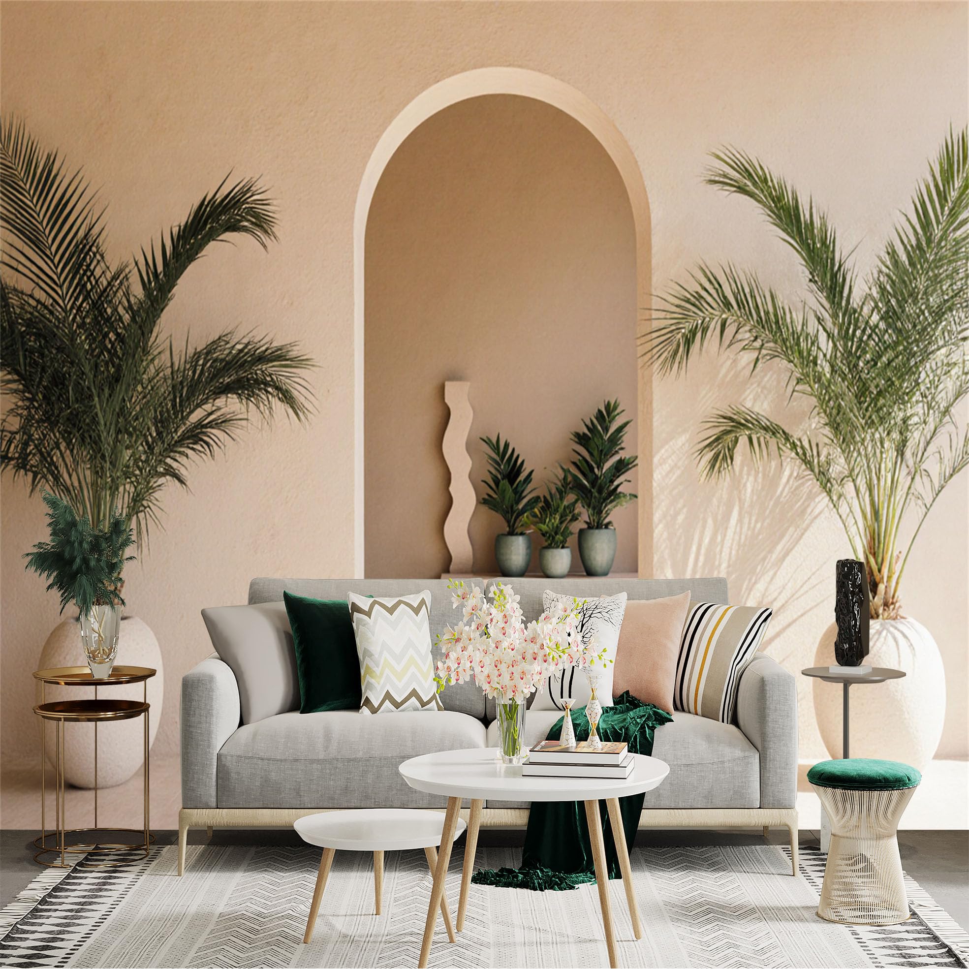 Custom Size Wall Sticker Mural， Minimalist Archway with Tropical Palm Plants， Boho Beige Decor， Modern Living Room Interior， for wall Decoration， peelandstick wall Decals.
