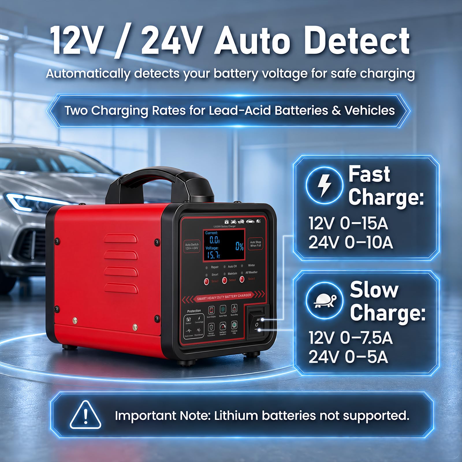 Cargador de batería de coche de 12 V, 24 V, dispositivo de mantenimiento de batería de 0-15 A con apagado automático, reparación y modo de invierno, cargador inteligente de mantenimiento para coche