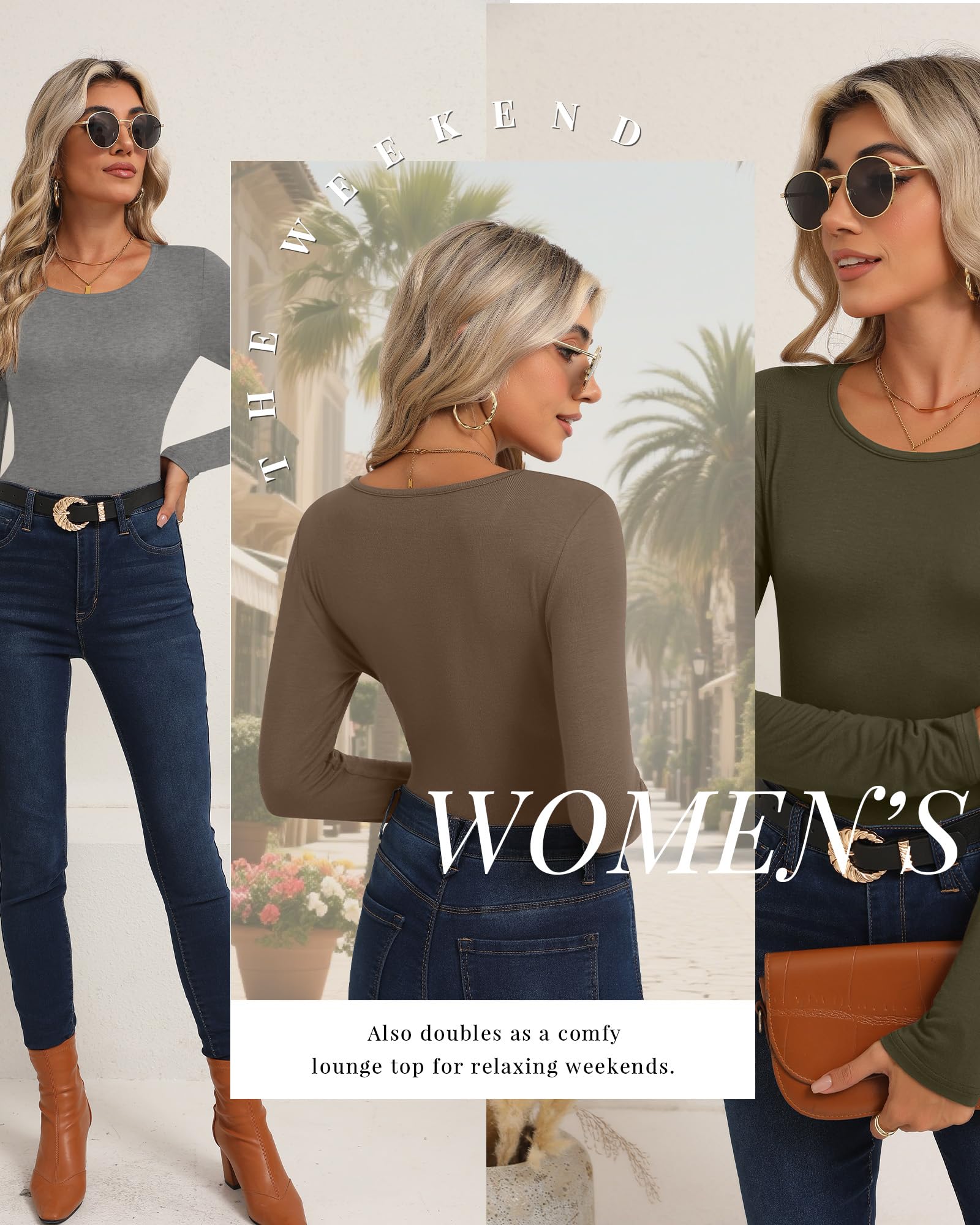 Neer Lot de 4 chemises à manches longues et col rond pour femme - Coupe ajustée - Couche de base extensible - Décontractée - Automne