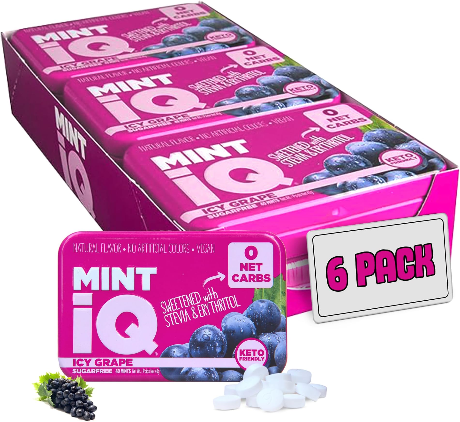 - Big Sky MINT iQ Icy Grape Mint Candy 40 grams Pack of 6 Tins in Display Tray - Travel Size Mint Candies Tin - Keto Friendly, Vegan & Natural Fruity Flavored Candy Mints for Long Lasting Fresh Breath