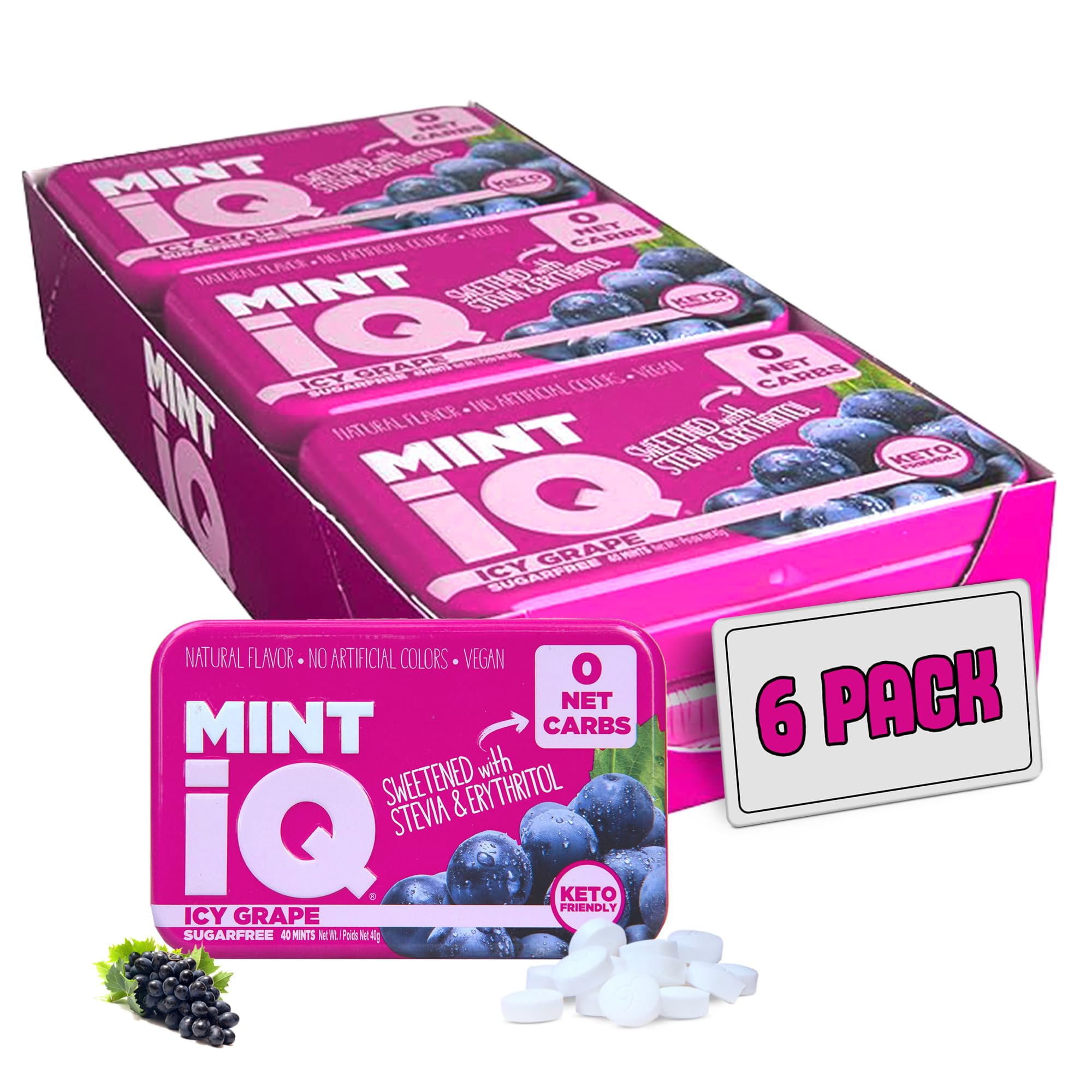 Big Sky MINT iQ Icy Grape Mint Candy 40 grams Pack of 6 Tins in Display Tray - Travel Size Mint Candies Tin - Keto Friendly, Vegan & Natural Fruity Flavored Candy Mints for Long Lasting Fresh Breath
