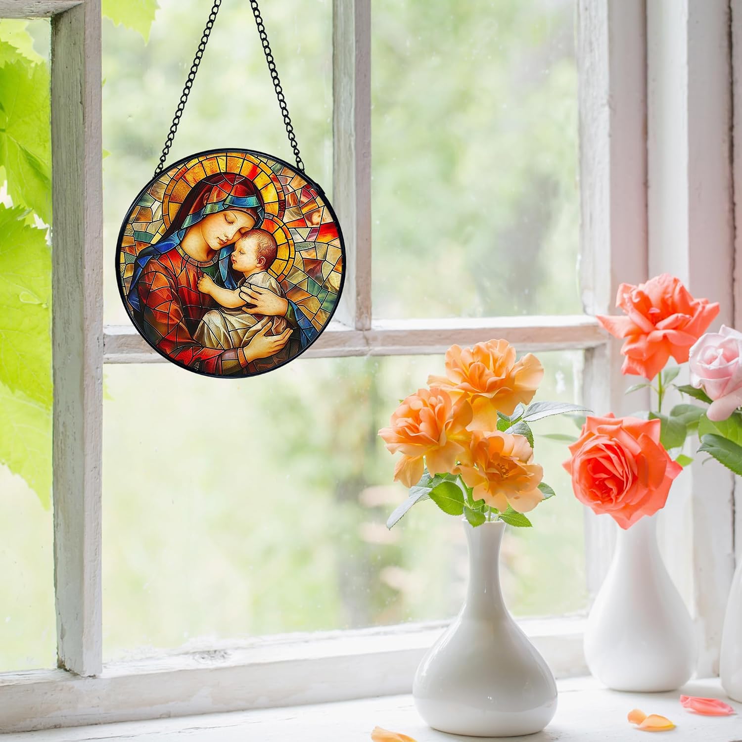 Virgin Mary Suncatcher Window Hanging, Religious Sun Catchers Indoor Window Round Glass Wall Art Decor, Spiritual Suncatcher Wall Hanging Decorations, Gardening & Lawn Care