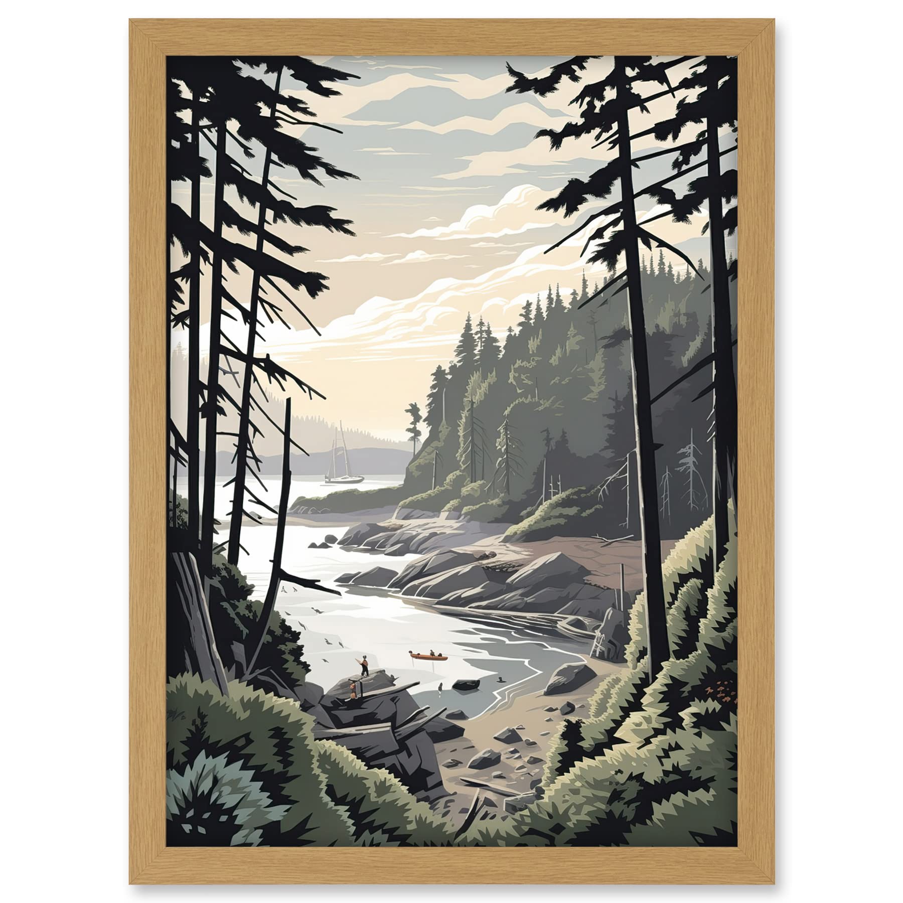 Artery8 Great Bear Rainforest Hikers Coastal Landscape Artwork Framed A3 Wall Art Print