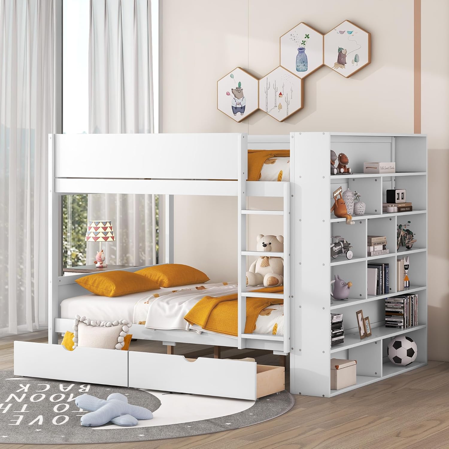 Merax Full Over Full Bunk Bed with 2 Drawers and Multi-Layer Cabinet, White