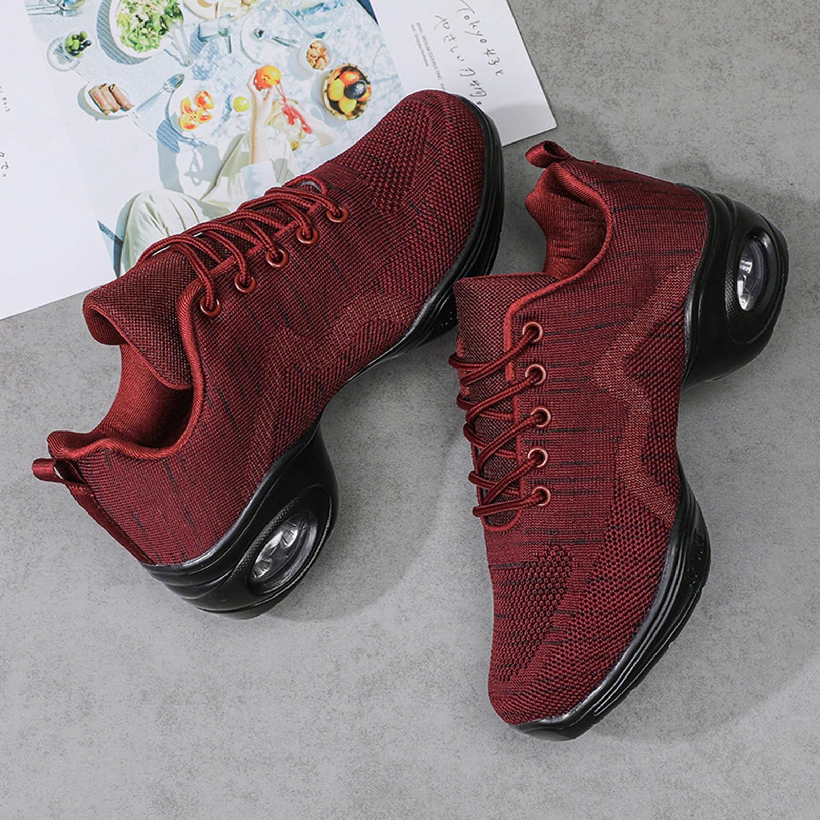 Women's Jazz Shoes Breathable Air Cushion Platform Modern Dance Shoes Athletic Walking Lace-up Sneakers Red 35