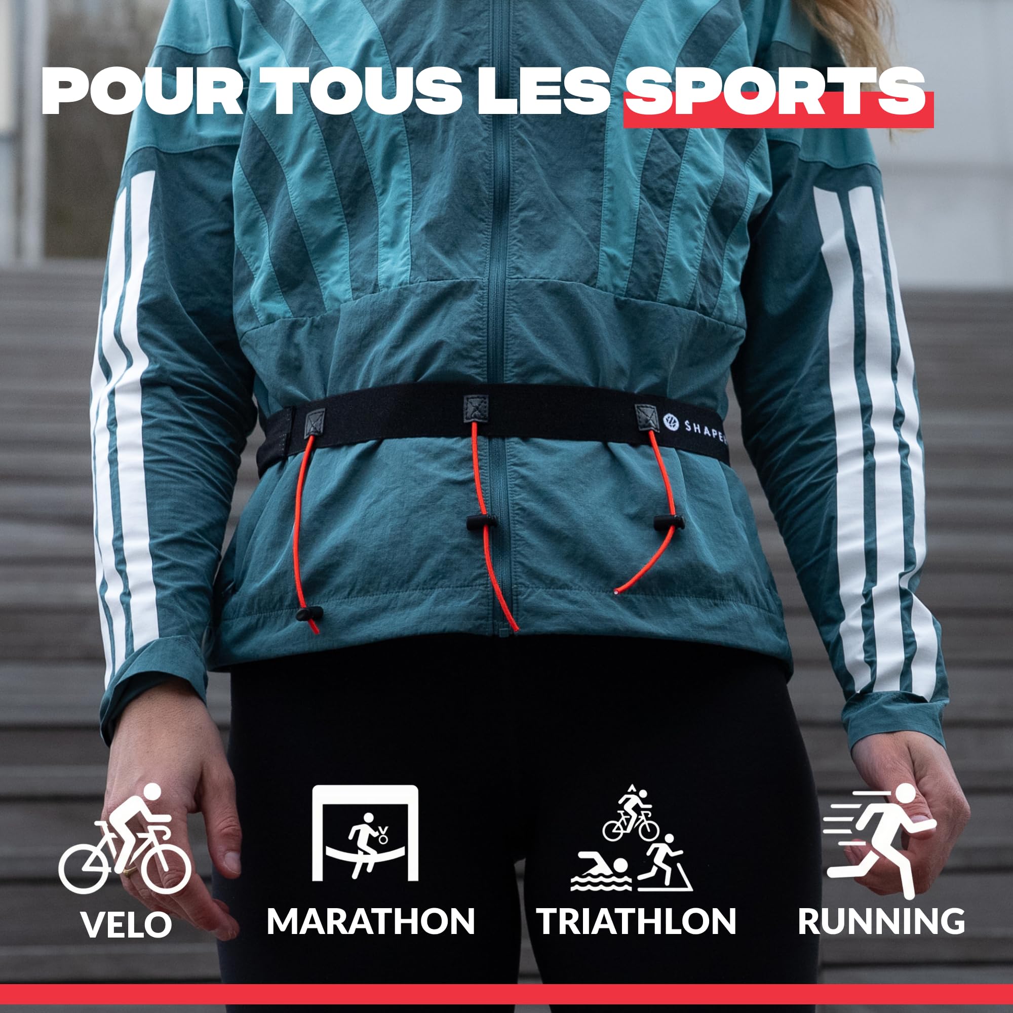 Shapeheart Ceinture Porte Dossard Running - 3 Cordons Réglables, 4 Passants Gels - sans Épingle - Crochet Clés Intégré - Marathon, Triathlon, Trail, Équitation