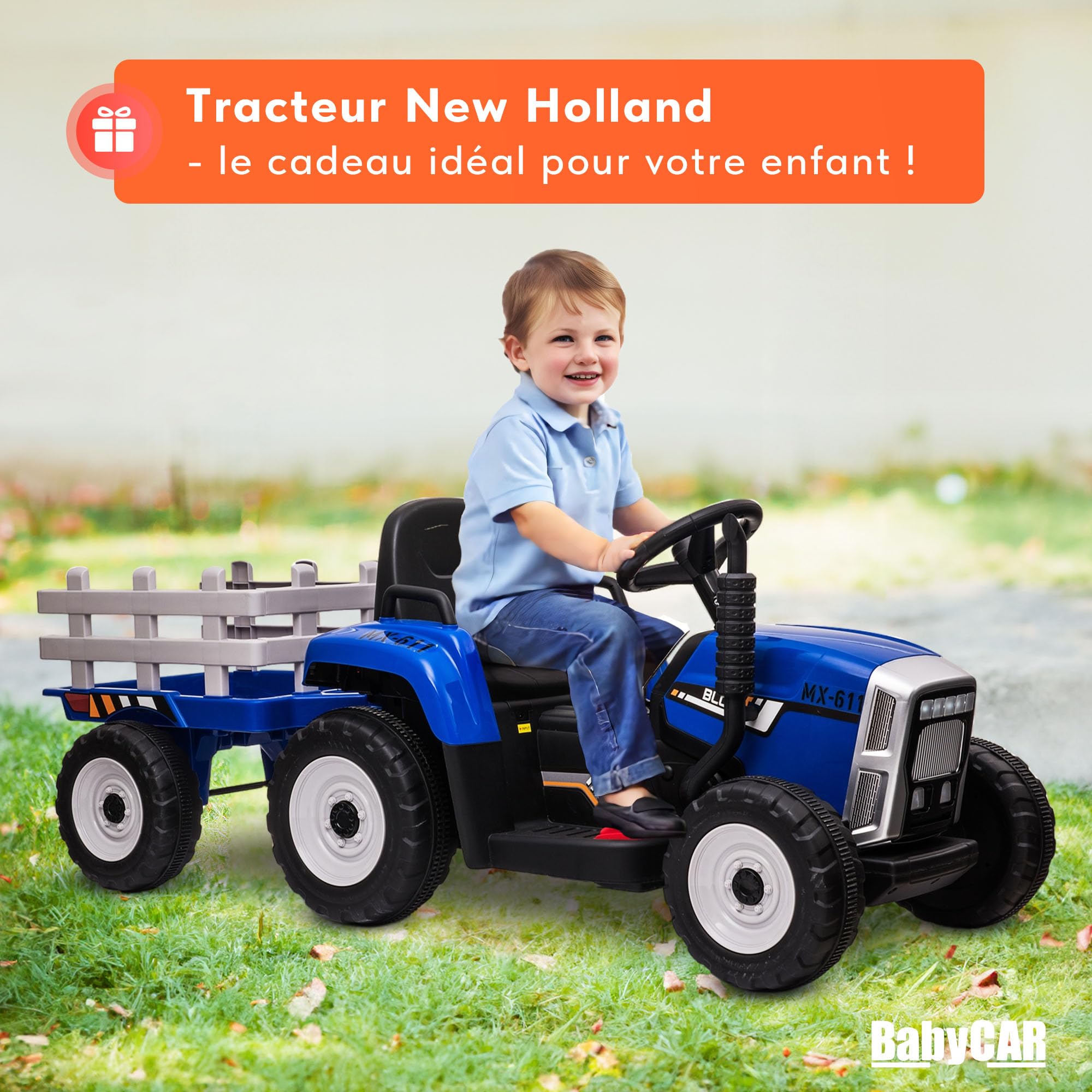 Tracteur Electrique Enfant avec remorque New Holland 12V de Babycar - Jouet Tracteur Electrique Enfant avec MP3 Licence Officielle et télécommande (Bleu)