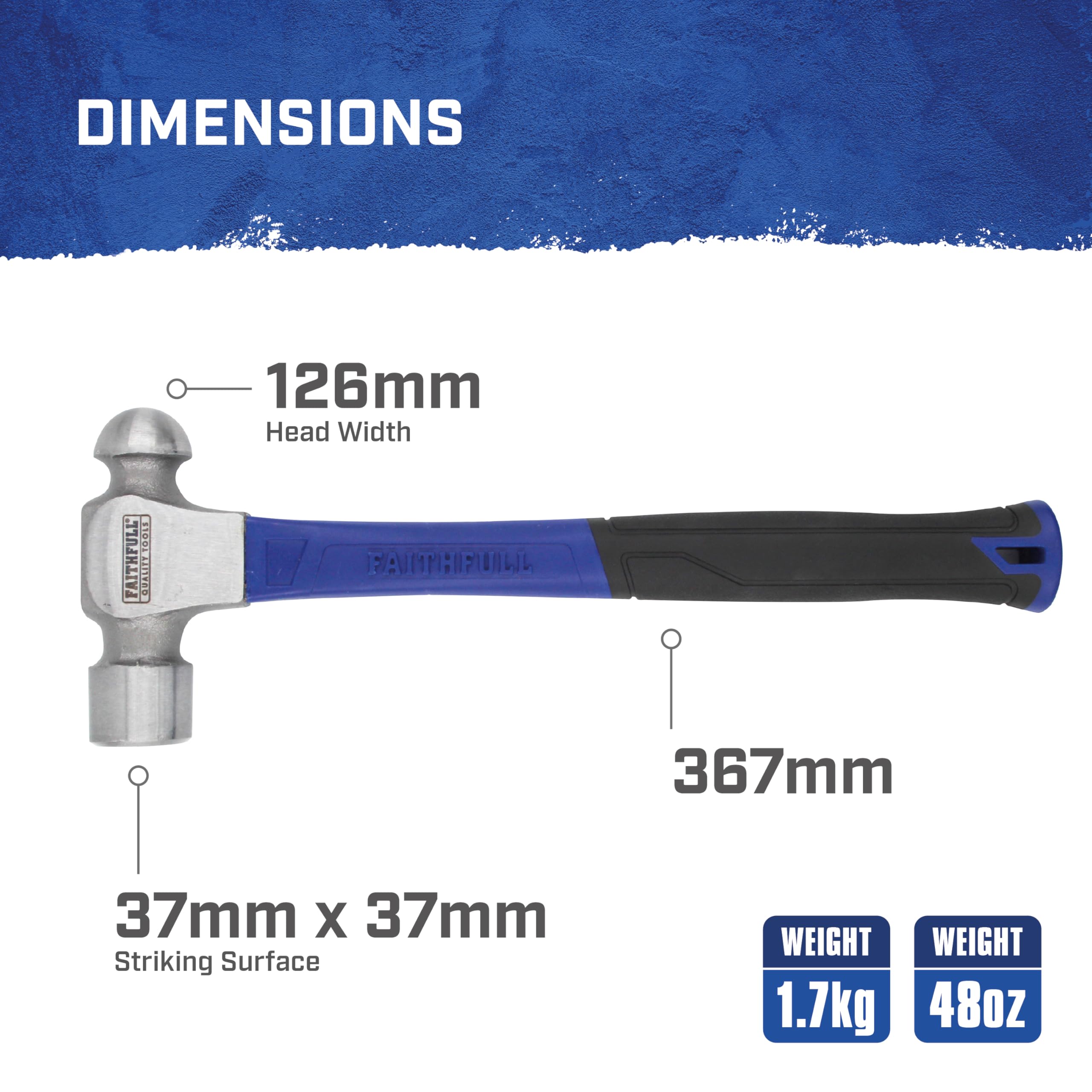 Faithfull Marteau à panne sphérique 1,36 kg – Manche en fibre de verre haute résistance avec tête en acier poli et poignée ergonomique antidérapante pour le travail des métaux, l'ingénierie, les