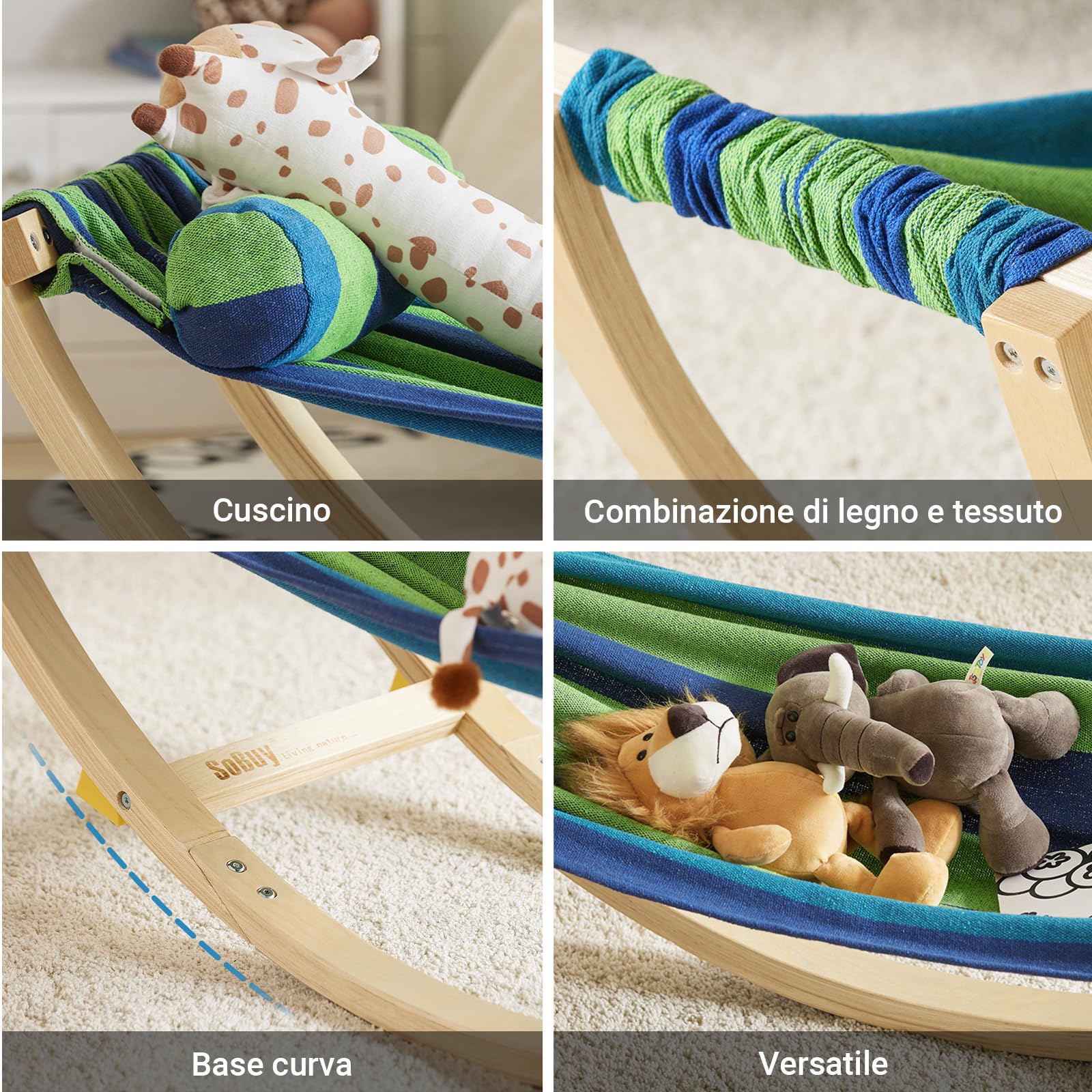 SoBuy Amaca da Giardino Sdraio a Dondolo per Bambini Poltroncina per Bambini Lettino Prendisole in Legno con Dispositivi di Sicurezza per Cameretta o Giardino 122x36x48cm KMB16-J