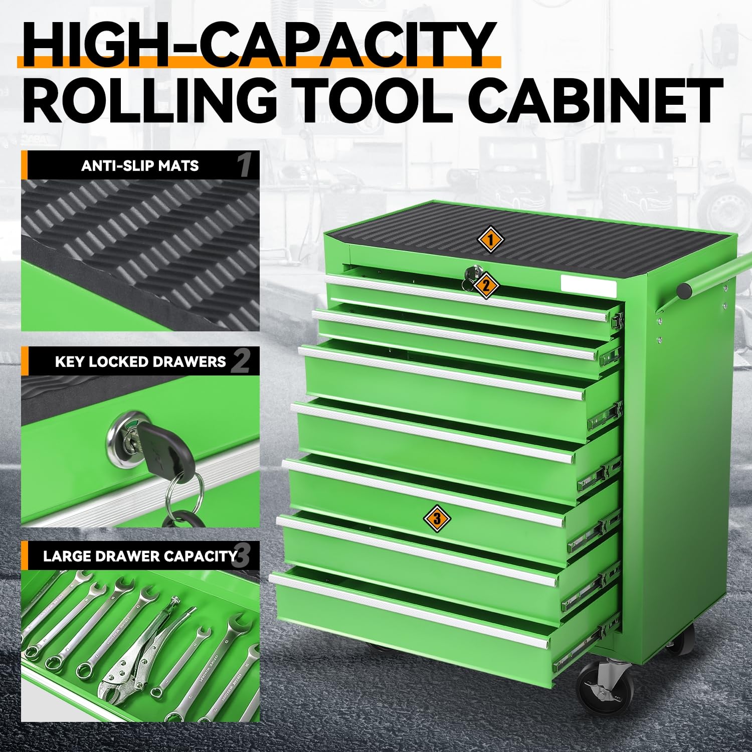 Auto Dynasty Rolling Tool Chest with 7-Drawer Cabinet Non-Slip Mat Keyed Locking System Fits with Garage, Warehouse and Workshop, Green