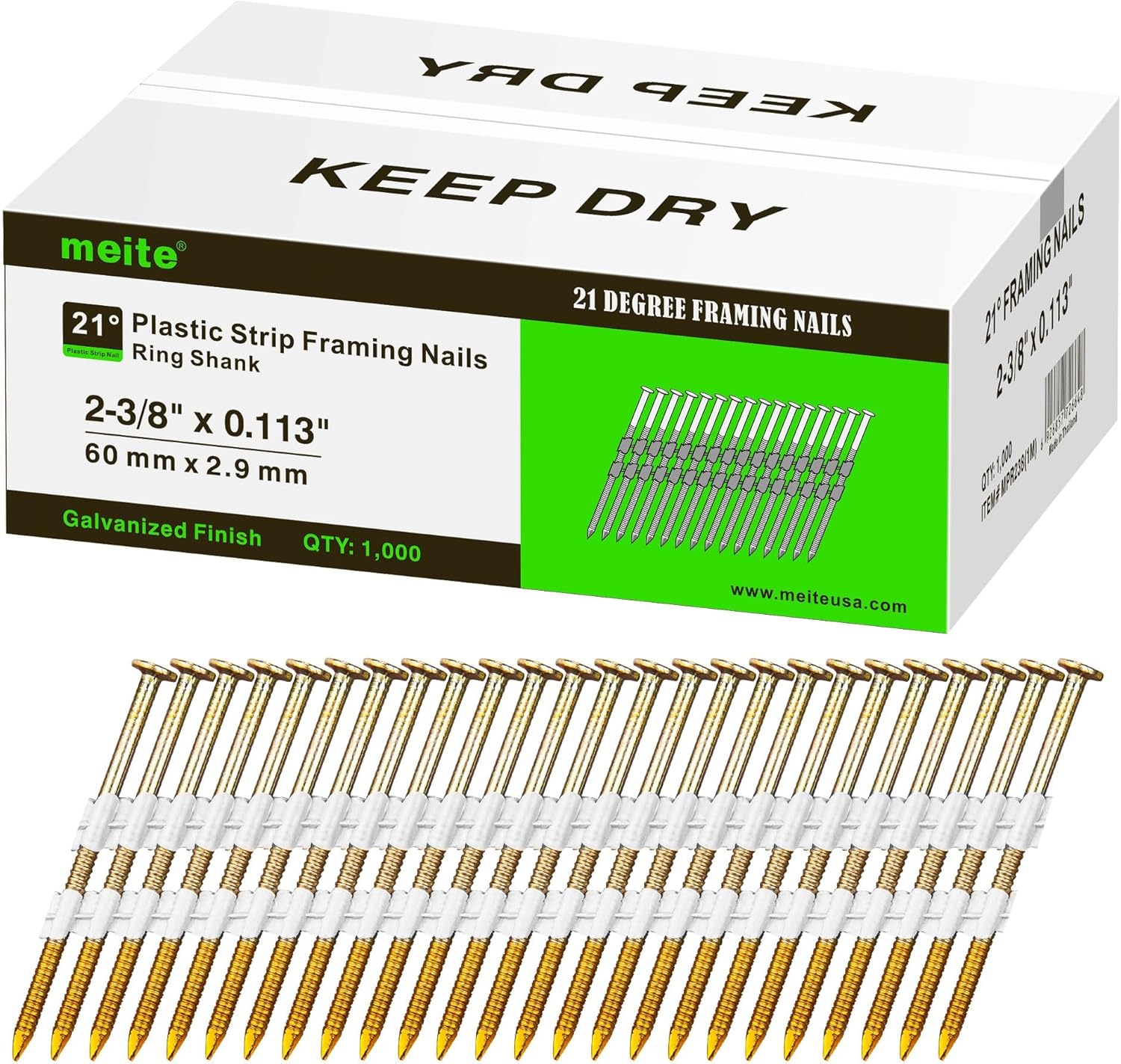 meite 21 Degree Framing Nails 2-3/8-Inch, Full Round Head Galvanized Finish (1,000 Counts) Ring Shank for 20-22 Degree Plastic Collated Framing Nail Guns