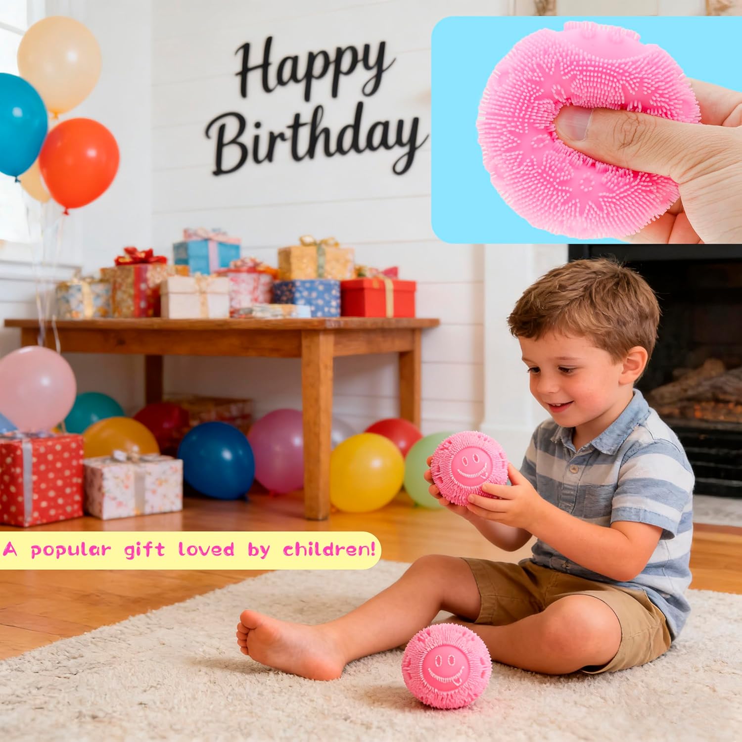 Pink Fuzz Squishy Stress Ball - Velvet Texture and Soft Cloud Squish - Fidget Toy with Smiley Face for Anxiety Relief, Sensory Play for Kids & Adults, Perfect for Office & School