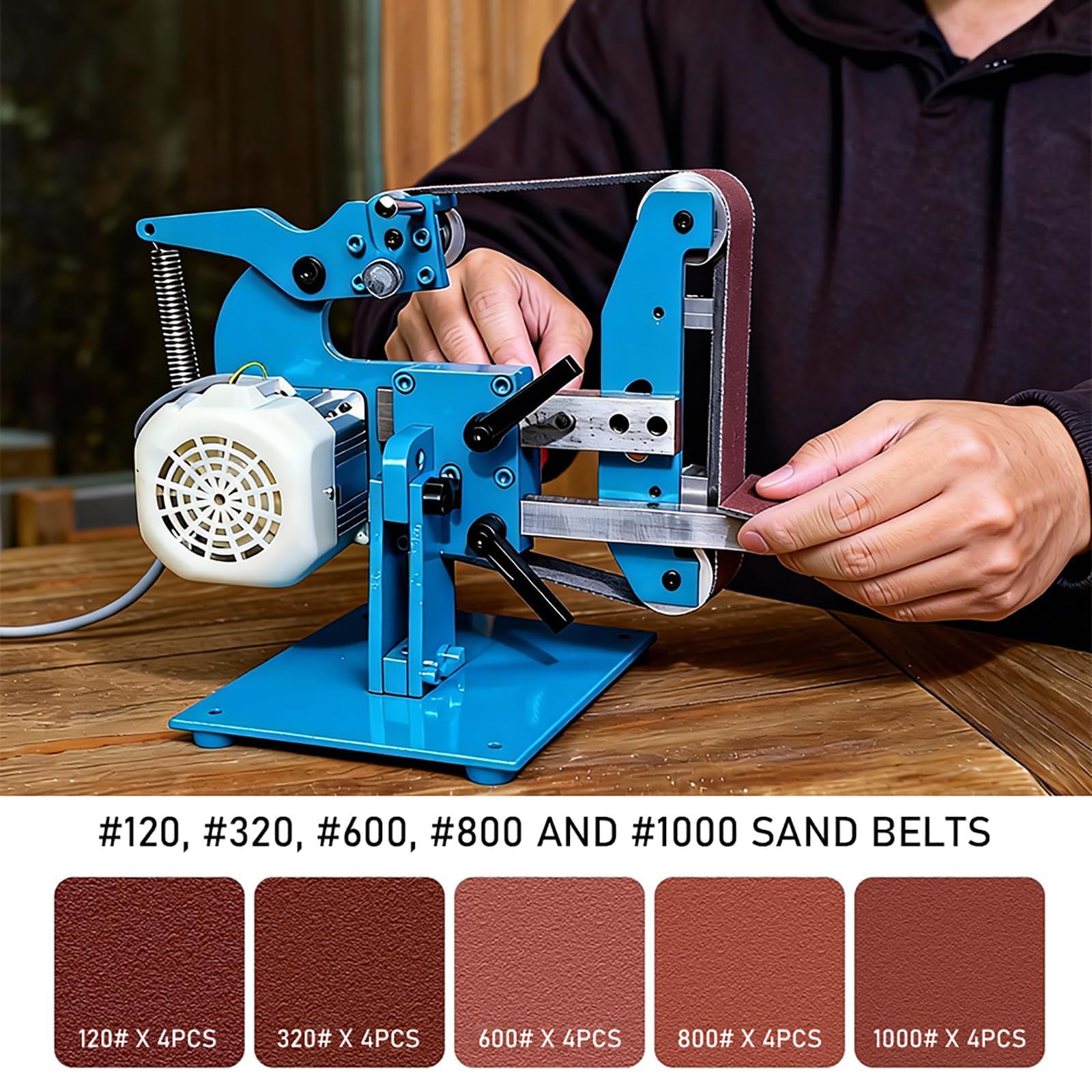 Lijadora de Banda eléctrica de 750 W con Placa de Acero de 915 x 50 mm, Velocidad Ajustable, rotación hacia adelante/atrás para Trabajos en Madera y Metal.