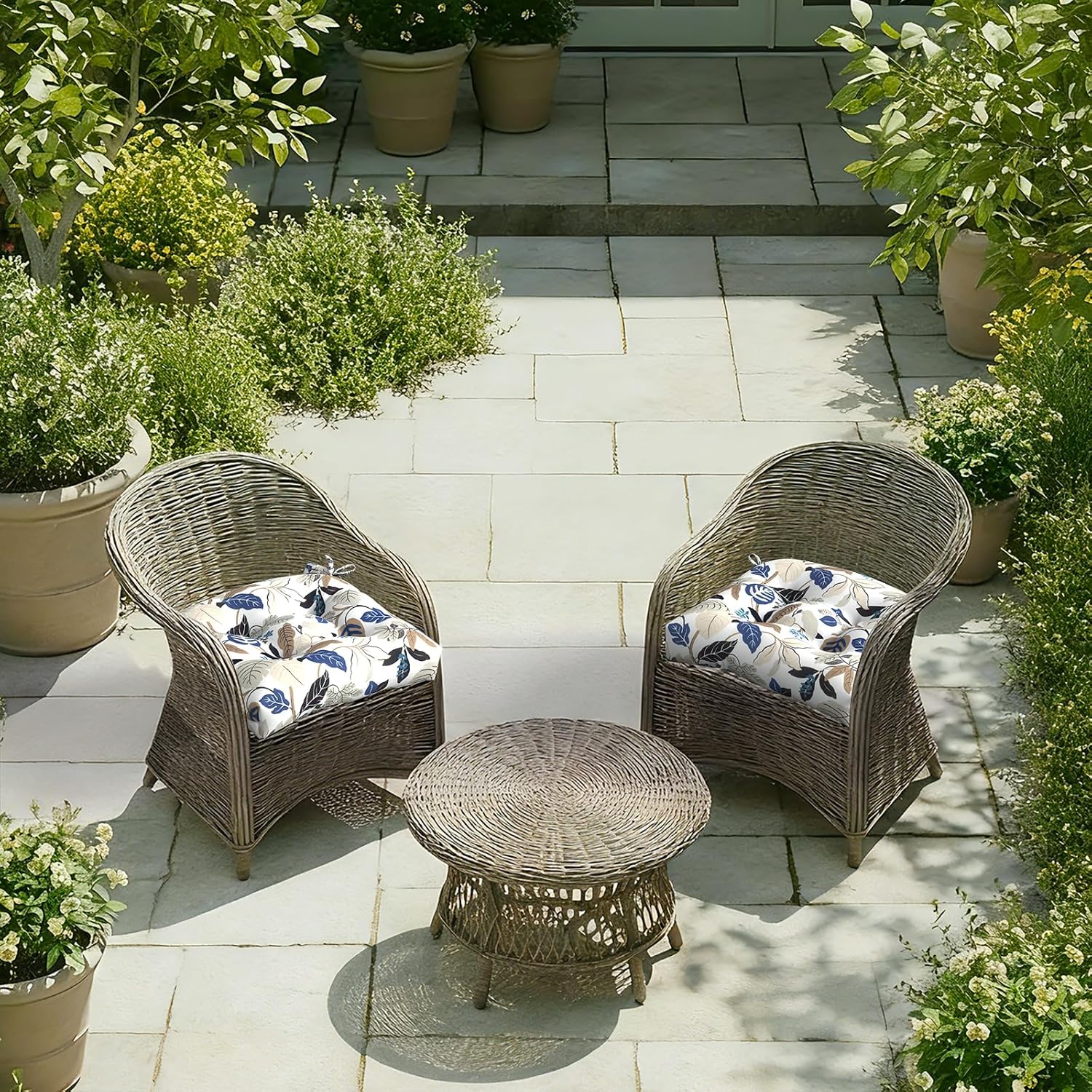 DYTXIII Set of 2 Outdoor Chair Cushions 19"x19"x4", Water Repellent Tufted Patio Seat Cushions with Ties, Thick Replacement Pads for Wicker Dining Chairs, Patio Furniture, Breeze Leaves Beige