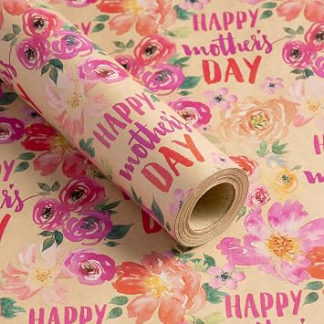 RUSPEPA Kraft Mothers Day Wrapping Paper Roll, Mini Roll, Pink Watercolor Floral Deign with Happy Mothers Day Text Kraft Gift Wrap for Mom, Grandma, Wife, Celebration Gifts, 17 Inches x 16.4 Feet