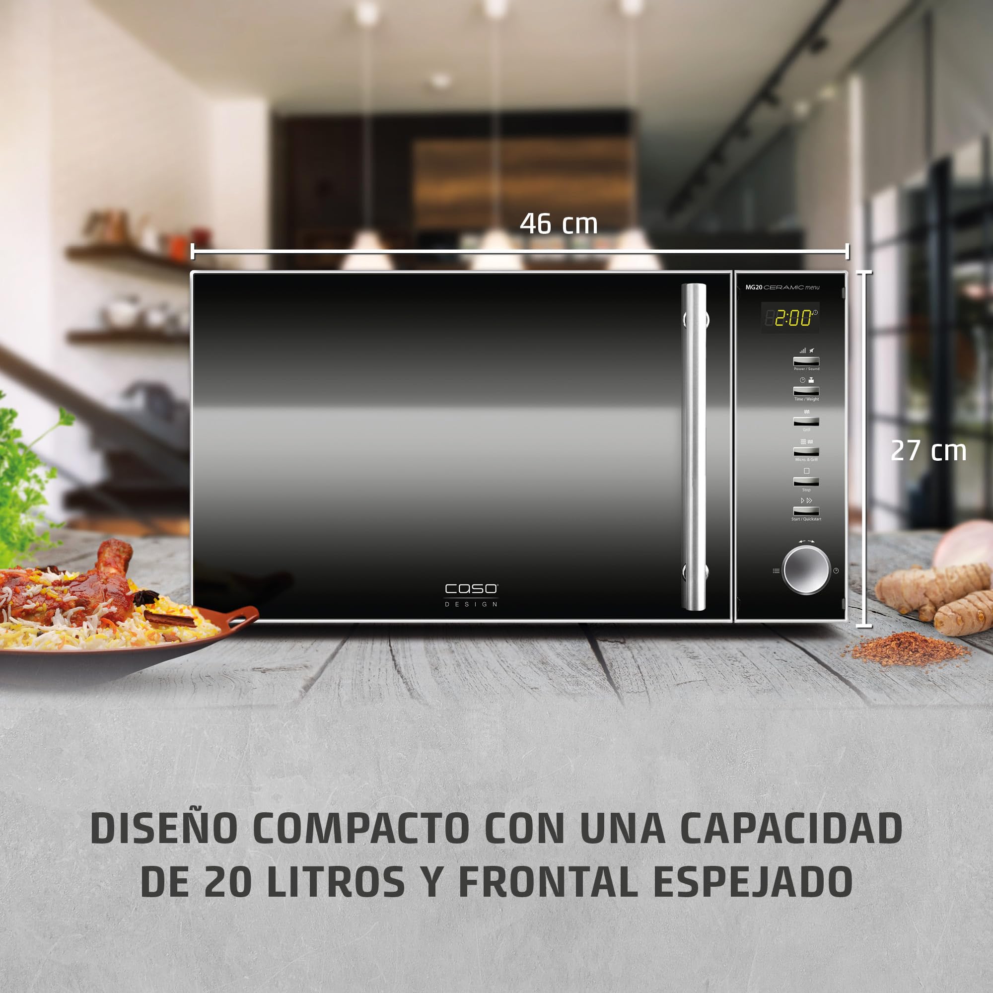 CASO MG 20 Ceramic Menu - Microondas 2 en 1 con grill | sin plato giratorio y rejilla para 2 niveles, 800 W, grill de 1000 W, 20 l, acero inoxidable, acabado espejo