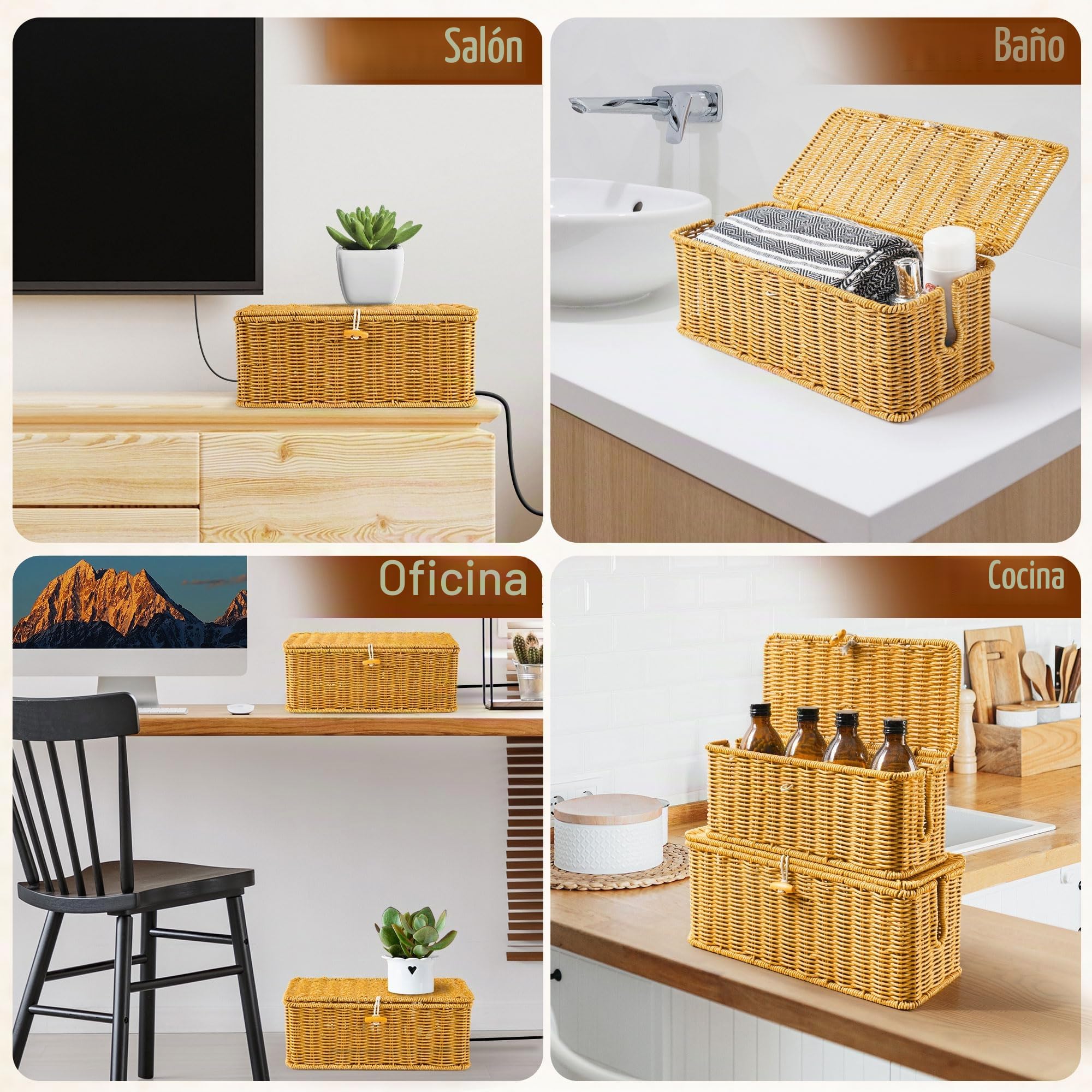 Gucass Juego de 2 Organizadora Cables de Ratán, Cajas Guarda Cables con Tapa, Caja para Cables con 10 Bridas, Organizador Cables Caja para Ocultar Regletas de Enchufes y Cables, para Oficina, Hogar