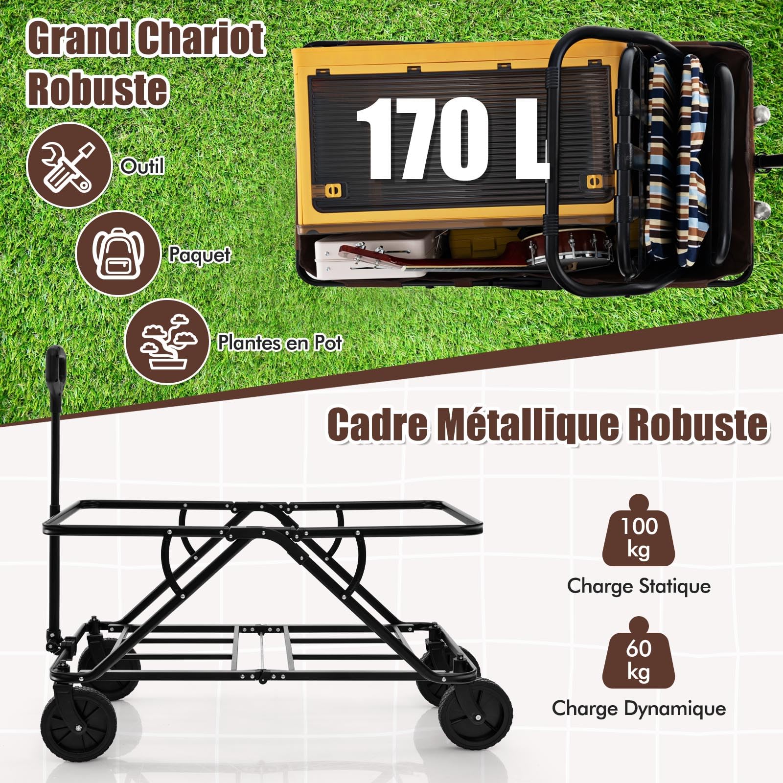GYMAX Chariot de Plage Pliable à roulettes, avec Guidon Réglable, Porte-Bouteilles et Poche de Rangement, Chariot Utilitaire Pliable d'Extérieur, pour Camping-Jardin-Plage (Brun)
