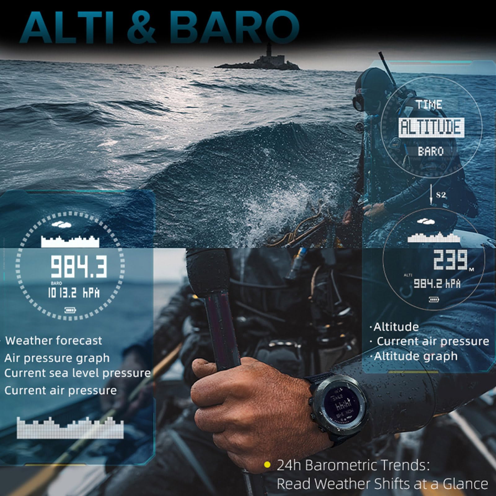 Reloj de Buceo, Computadora de Buceo Resistente Al Agua hasta 100 M, Reloj Deportivo Digital para Hombres con Brújula, Altímetro, Barómetro, Cronómetro, Temporizador de Cuenta Atrás,