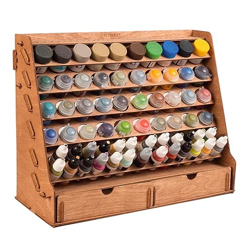Plydolex Paint Rack Organizer with 65 Holes of 2 Sizes for Miniature Paint Set - Wall-mounted Wooden Craft Paint Storage Rack - Craft Paint Holder Rack 16.3x6.6x12.6 inch - Wooden - 65 Holes Citadel/Vallejo