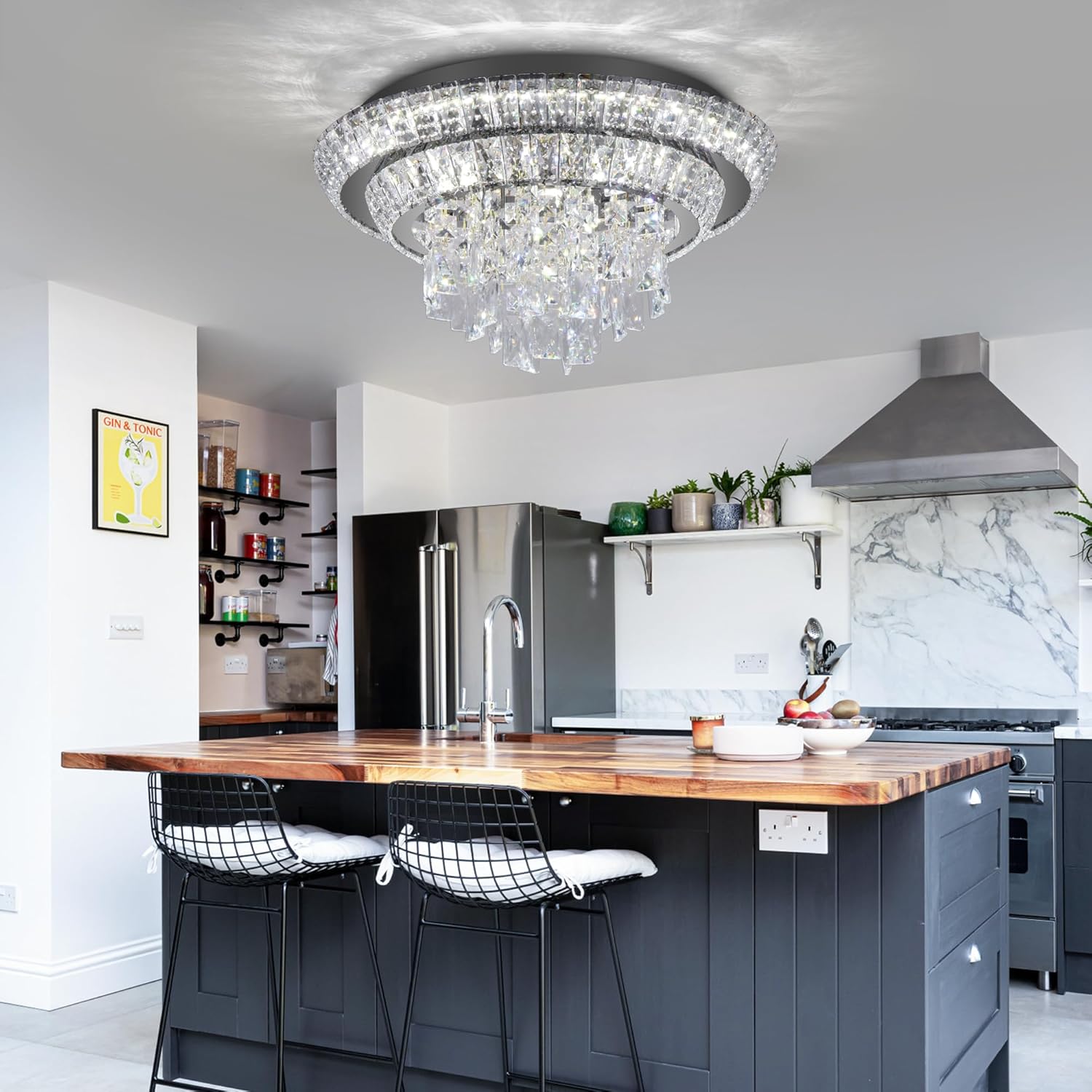 18 inch Crystal Flush Mount Black Chandelier, Modern Raindrop LED Ceiling Light, 3CCT Dimmable & Brightness Adjustable,Remote/APP ,Elegant Chandeliers for Bedroom Hallway Dinning Room Living Room