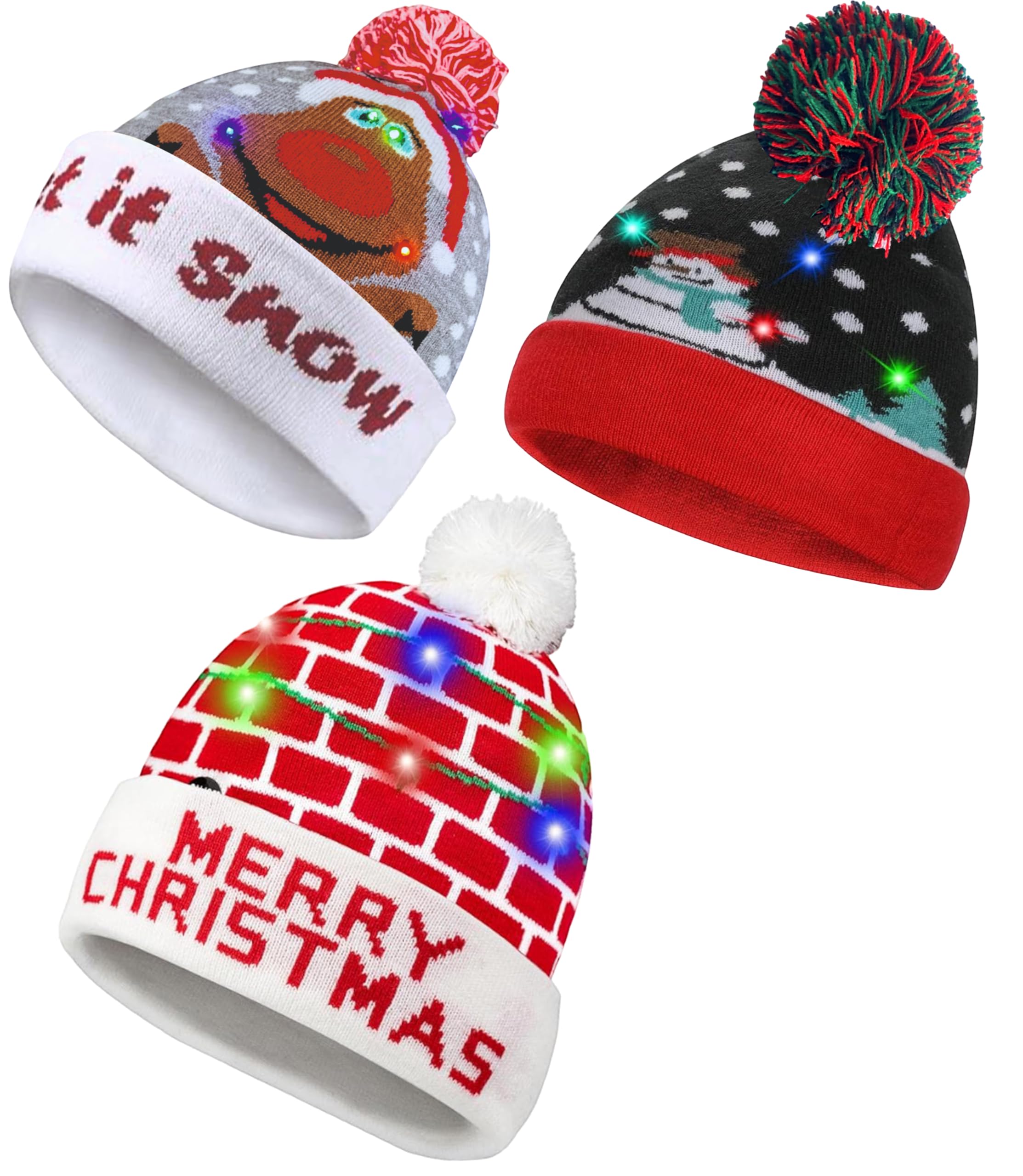Topzilly 3 Pack Christmas Beanie Hat With Lights - Cozy LED Bobble Hat for Kids & Adults - Stylish Elf and Baby Xmas Hats for Winter Holiday Parties (Let It Snow + Snow Man + Merry Christmas) โ image 1