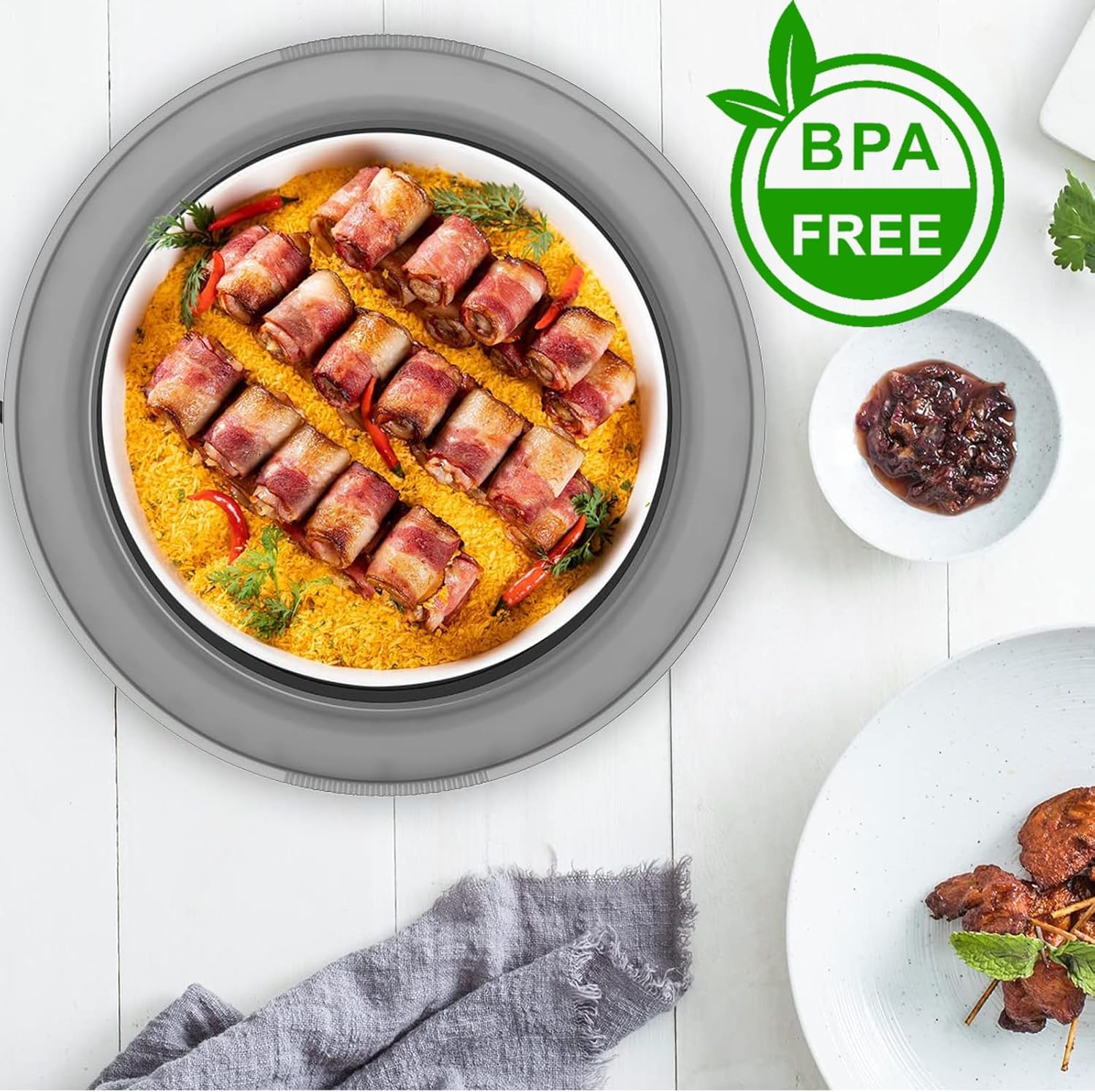 3 in 1 Microwave Splatter Glass Cover with Silicone Mat and Base Plate,BPA Free Collapsible Silicone Microwave Food Cover with Vent Hole and Anti-scald Silicone Handle,Dishwasher Safe (Small-Gray)