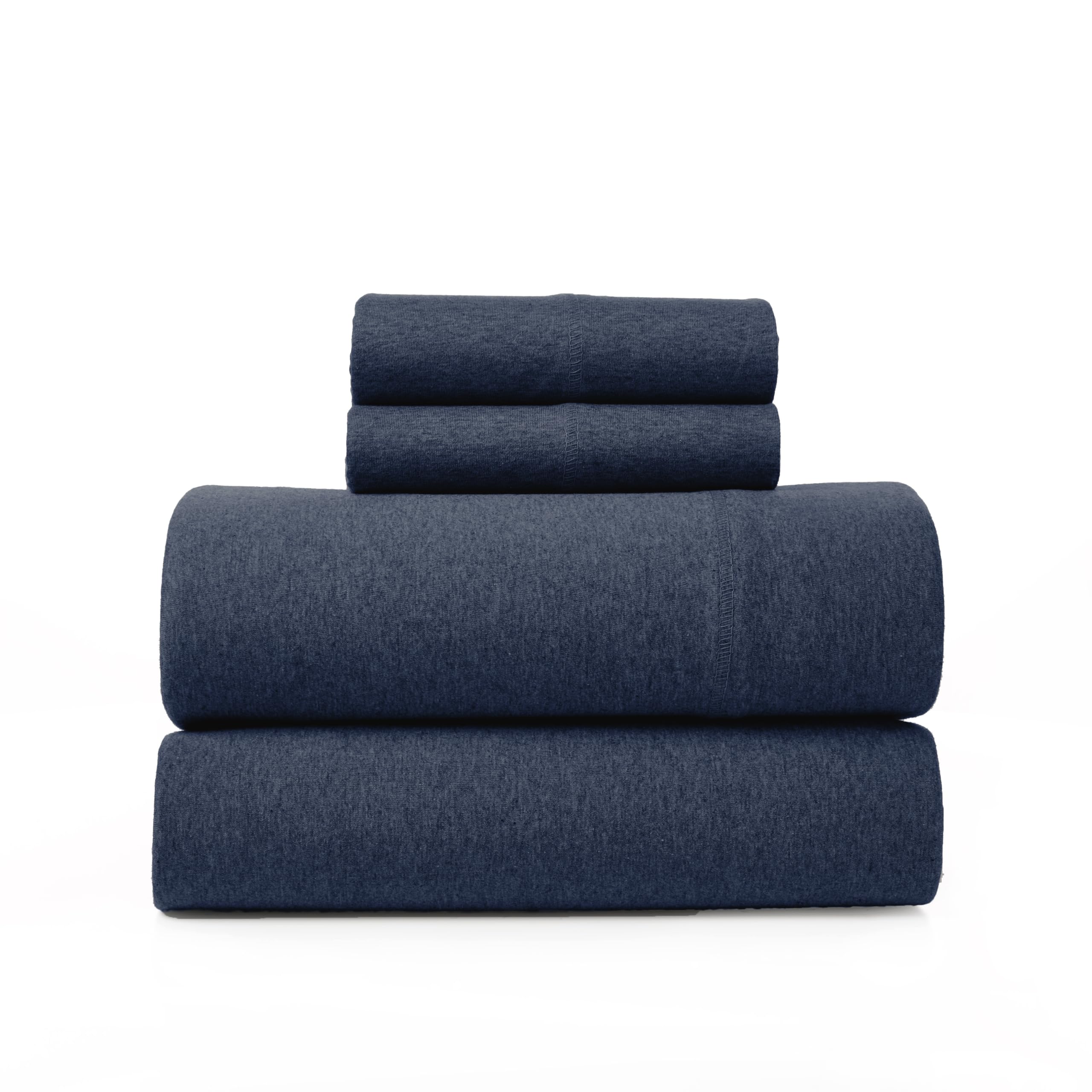 Road Trip America Jersey Knit Sheet Set - 4 Pieces Queen Cotton Sheets Set - Soft Cozy Stretchy Knit Bed Linen (Navy Blue, Queen)