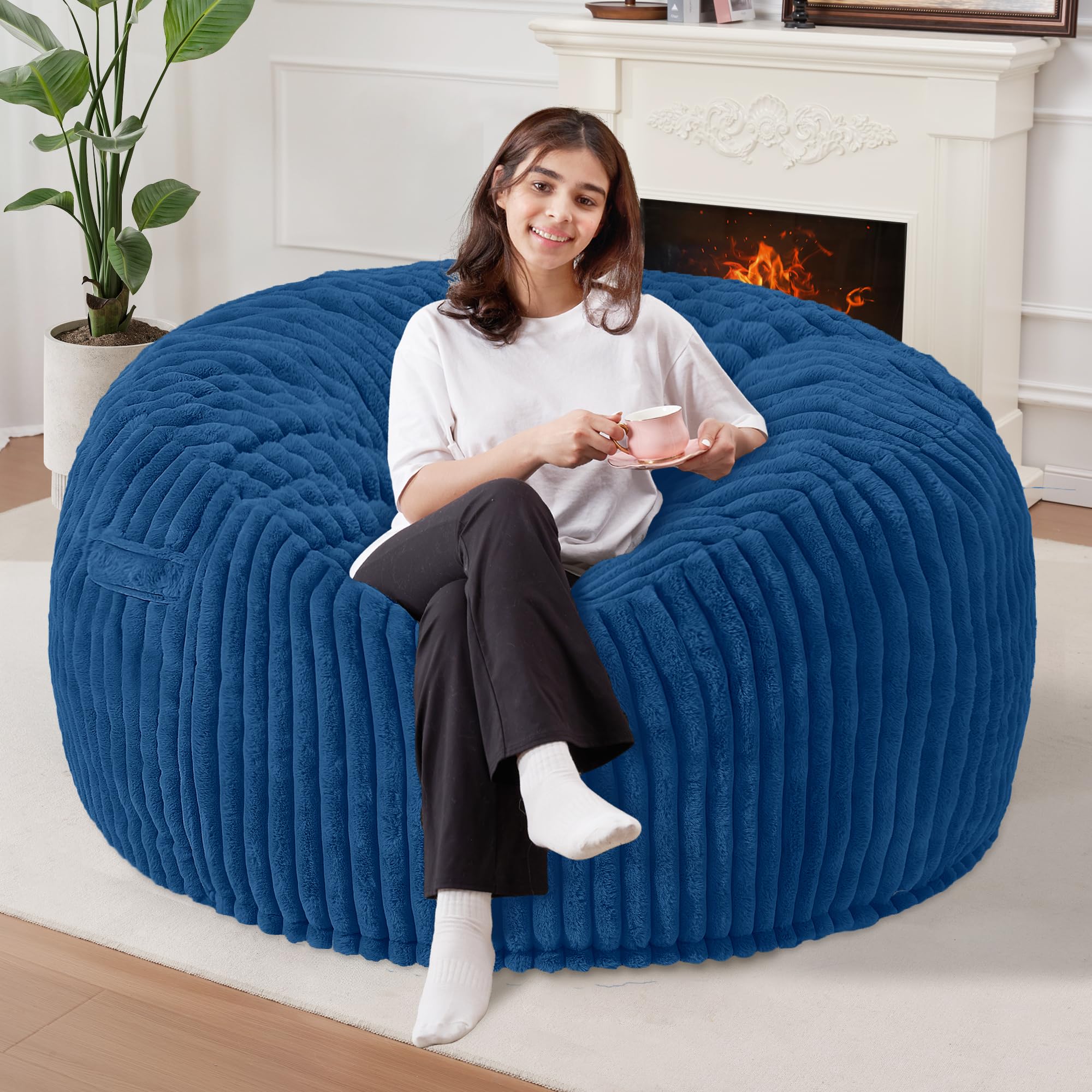 Homguava 3 FT Bean Bag Chair,3' Big Bean Bag,Large Bean Bag Chairs for Adults with Memory Foam Filled,Comfy Beanbag Chairs Soft Bean Bag Sofa with Dutch Corded Plush Cover-Blue