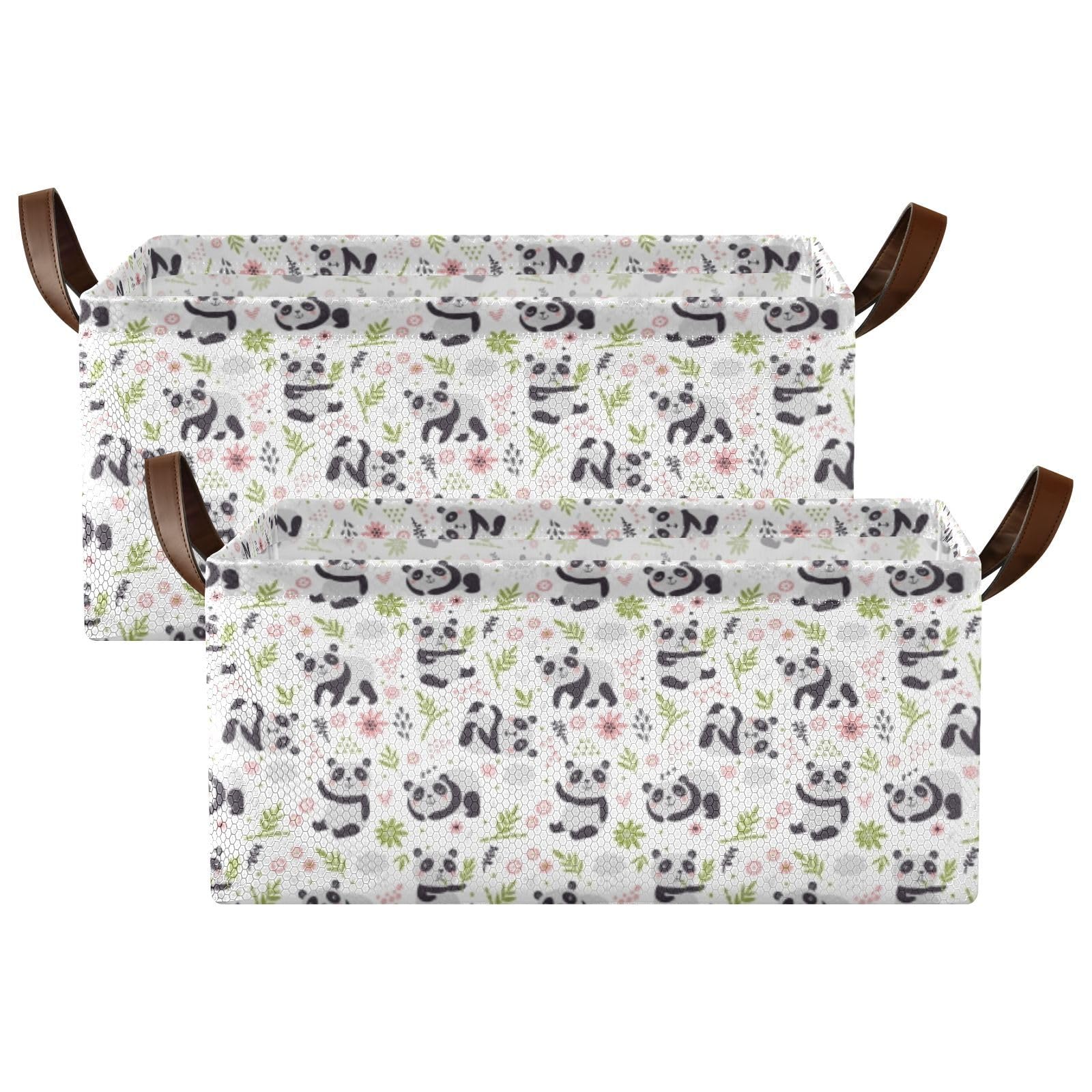 Fygkptb Seamless Pandas and Green Floral Flowers on White 2 PC Rectangle Foldable Frame Basket Leather Handles Storage Bin for Laundry Bathroom Organizer 16.9 x 11.4 x 7.7 inch