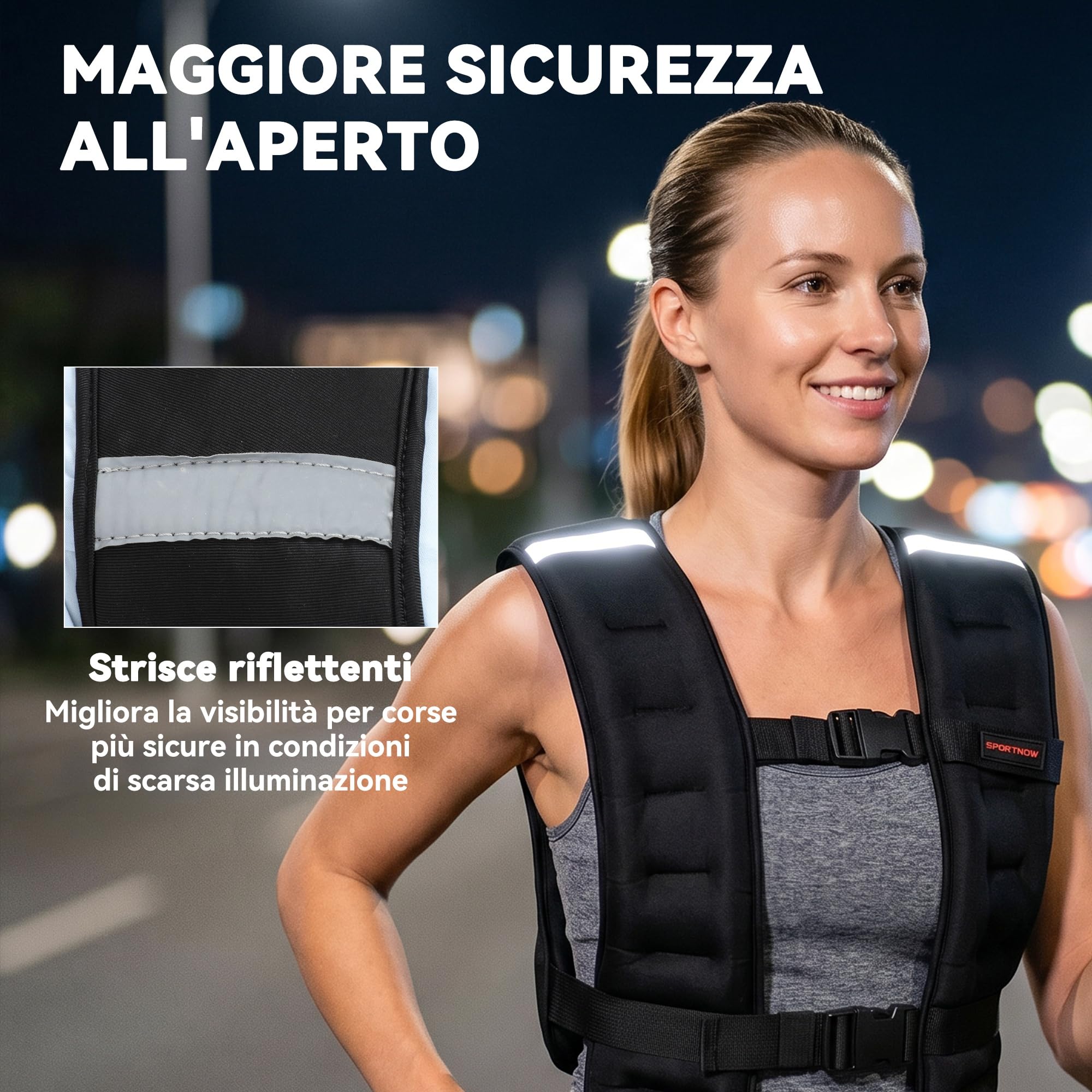 SPORTNOW Giubbotto Zavorrato da 8 kg con Cinghie Regolabili e Strisce Riflettenti, Gilet con Pesi in Neoprene Traspirante e Sabbia Metallica, 43x33 cm, Nero