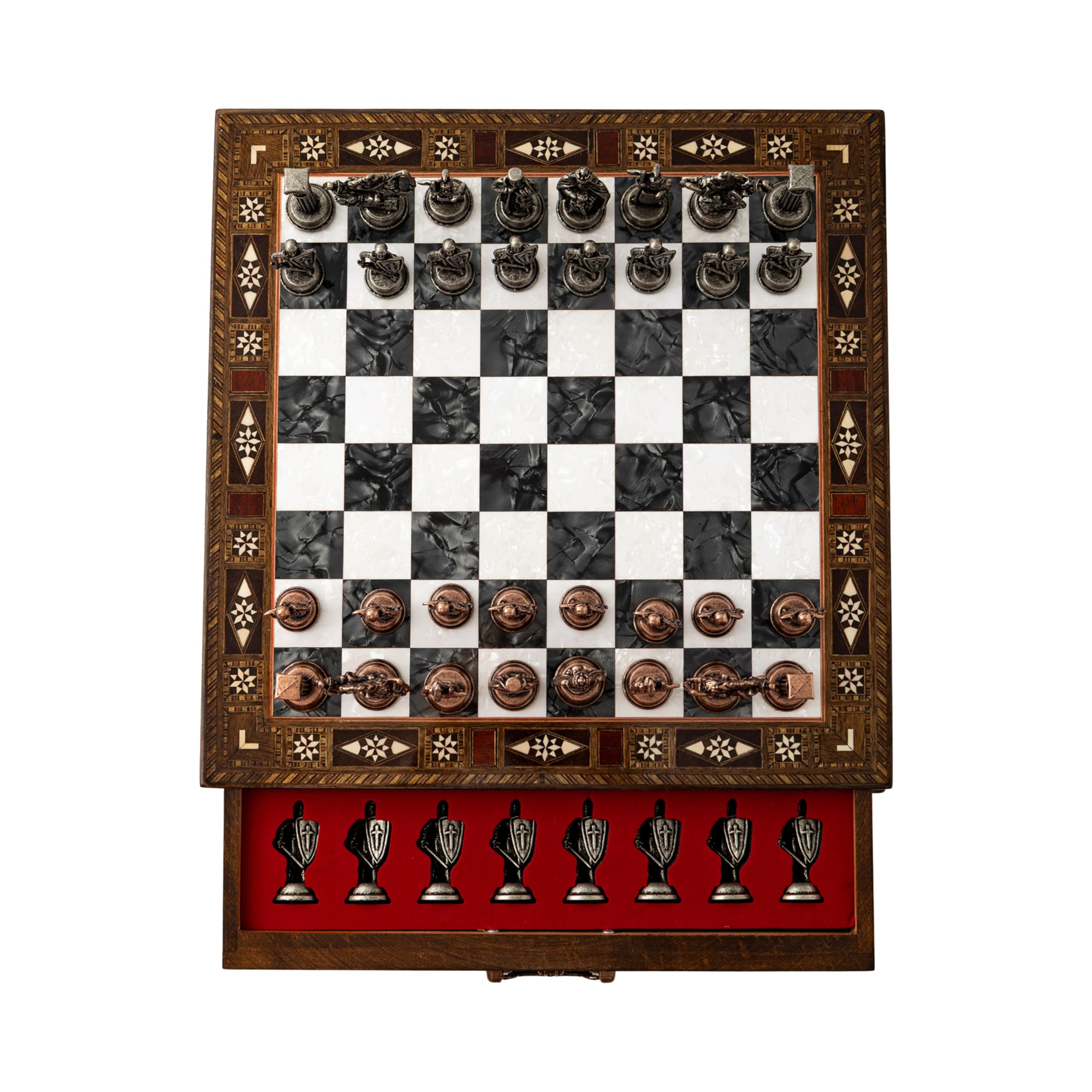 Luxury Handmade Wooden Chess Set with Metal Pieces – 12.2'' Decorative Storage Chess Board – British Themed Chess Pieces for Christmas, Birthday & Father’s Day (Black)