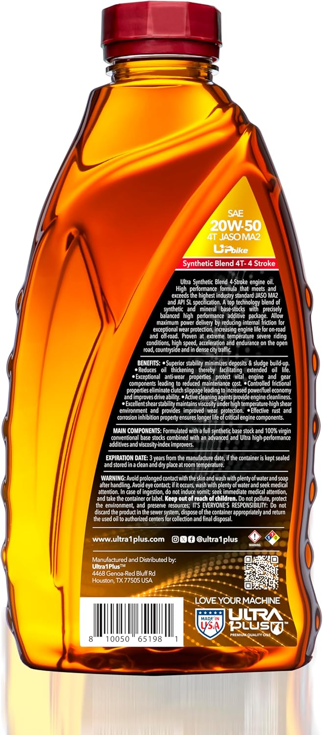 ULTRA 1PLUS 4T 20W-50 Synthetic Blend Motorcycle Oil API SL JASO MA2-20W50 Motor Oil, 12 Quarts