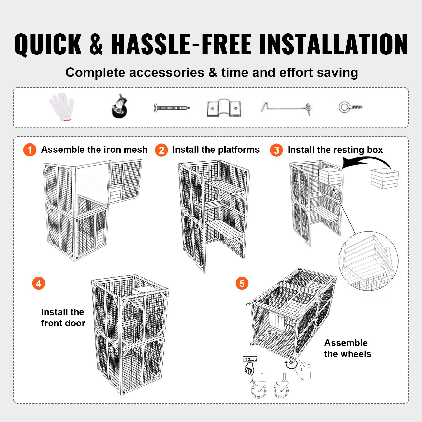 VEVOR Cage pour Chat 3 Niveaux Grande Cage sur roulettes Verrouillables Pivotant 360° Enclos Chat 760x865x1630 mm avec Boîte de Repos pour 1-2 Chats Petits Animaux Lapins Hamsters Intérieur Extérieur