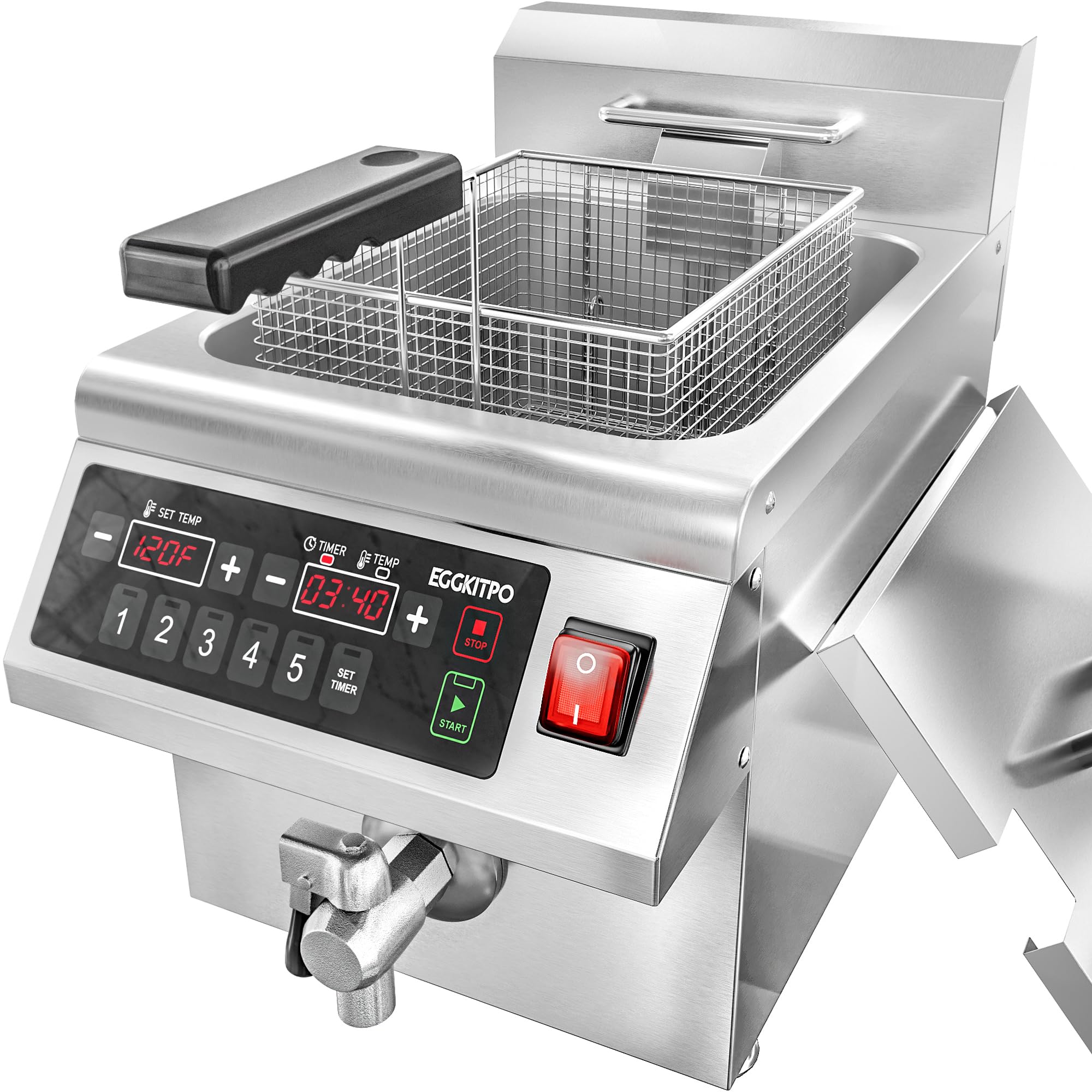 EGGKITPO 12.6 Quart Commercial Induction Fryer with Timer and Drain Electric Fryer with Basket and Lid, 12L Countertop Large Fryer for Home Use, Kitchen,