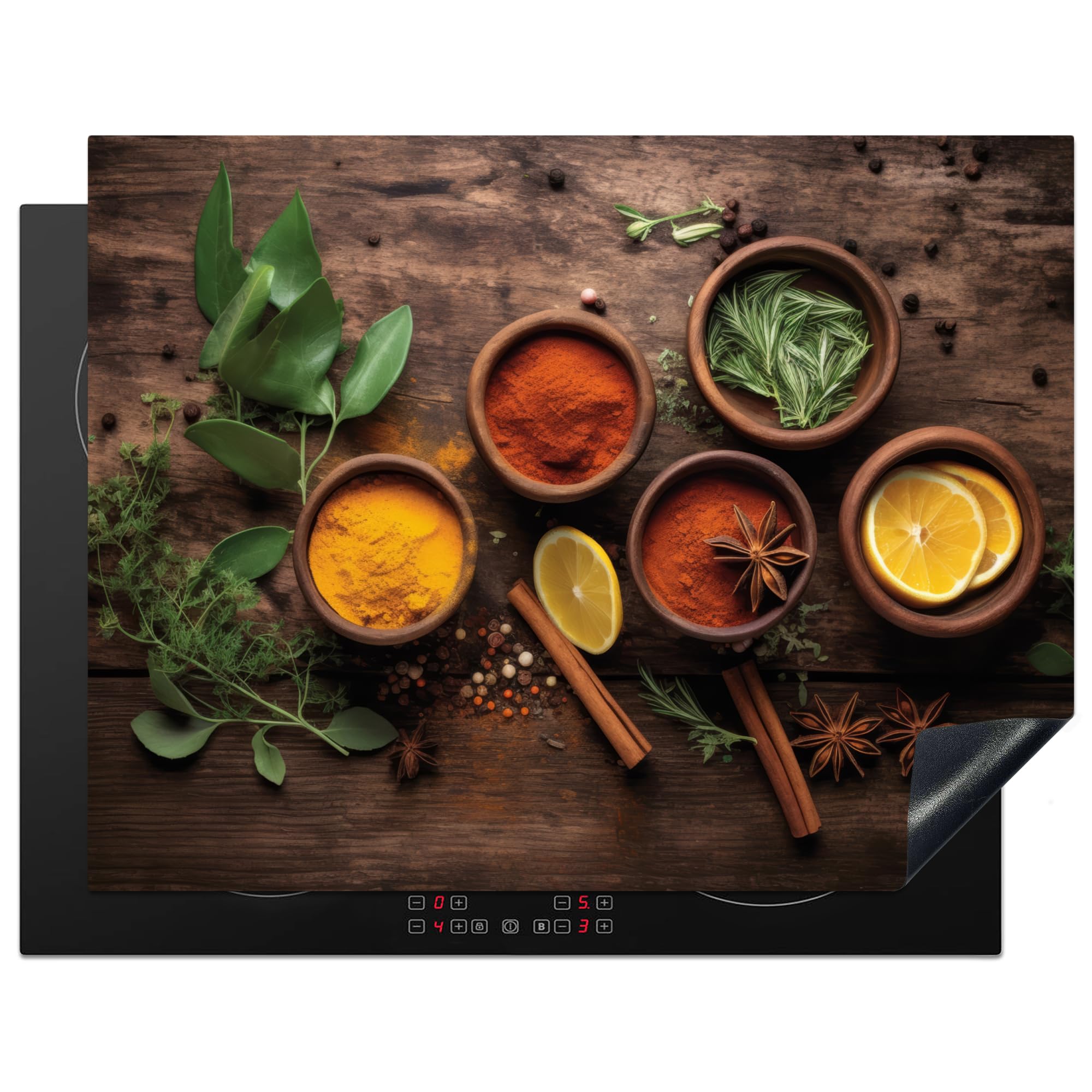 KitchenYeah© Induction Hob Cover Protector Mat 23.2"x30.3" / 77x59 cm Kitchen Universal Ceramic Covers for Electric Cookers Vinyl Fruit - Spices - Herbs - Cinnamon - Wood Print