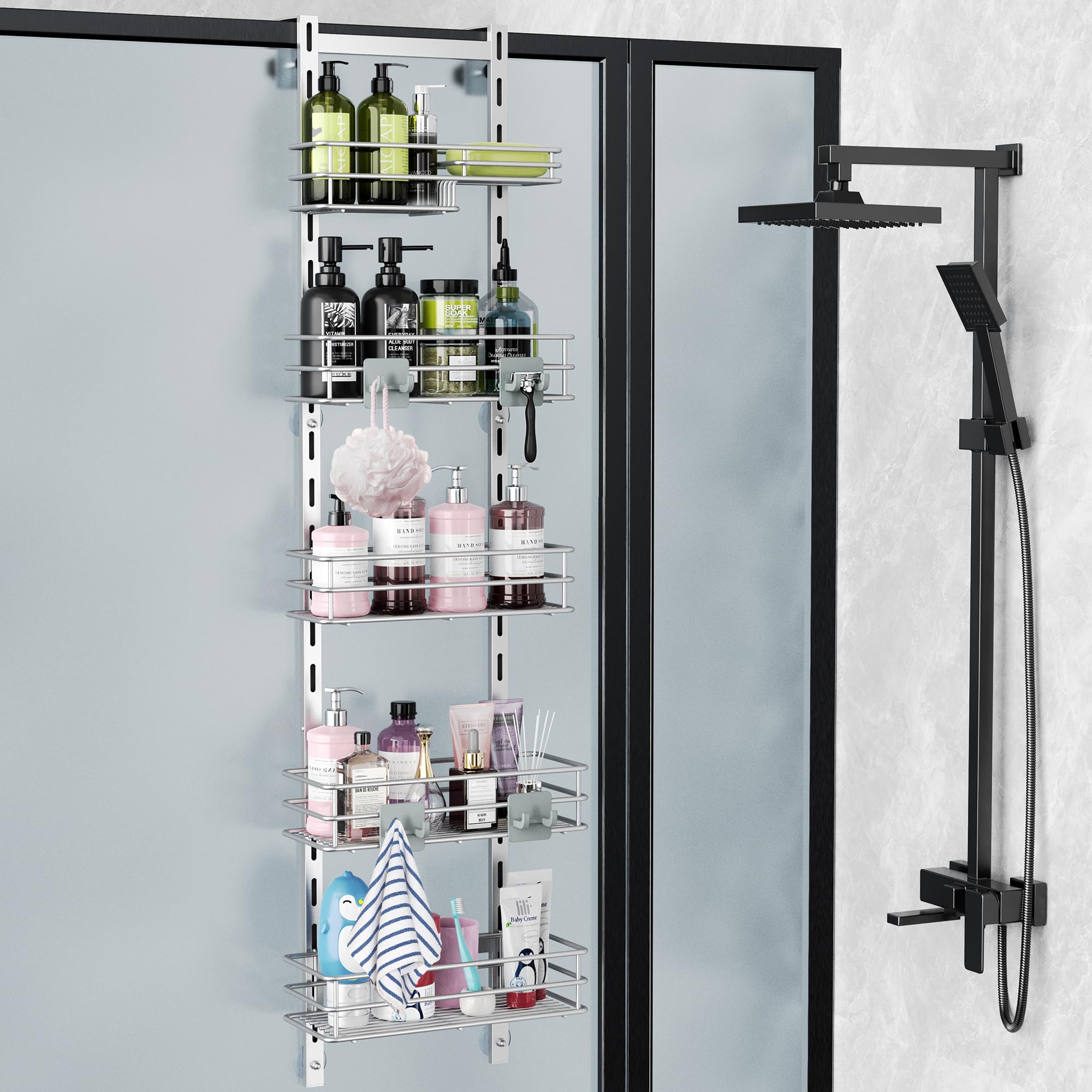 Photo 1 of Orimade Over the Door Shower Caddy Adjustable 5 Tier Silver Grey,Bathroom Hanging Organizer Shelf Rustproof with 4 Hooks,Shower Basket with Soap Holder and Suction Cup