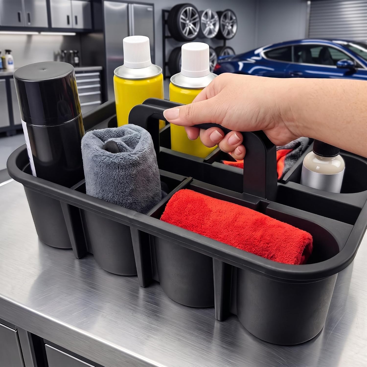 Deluxe Carry Caddy With Handle & 6 DIY Removable Partitions, 10Pcs | All-Purpose Carry Caddy, Cleaning Storage for Tool / Spray Bottles / Brushes / Dustpans / Gloves, Black
