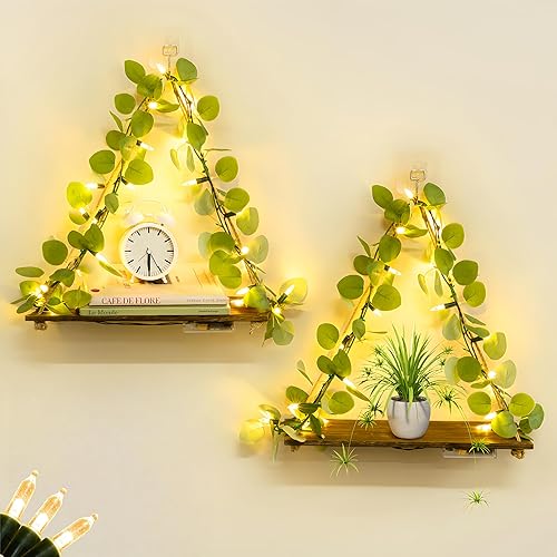 Macrame Hanging Shelf for Wall Decoration with Eucalyptus Lighted Garland,2