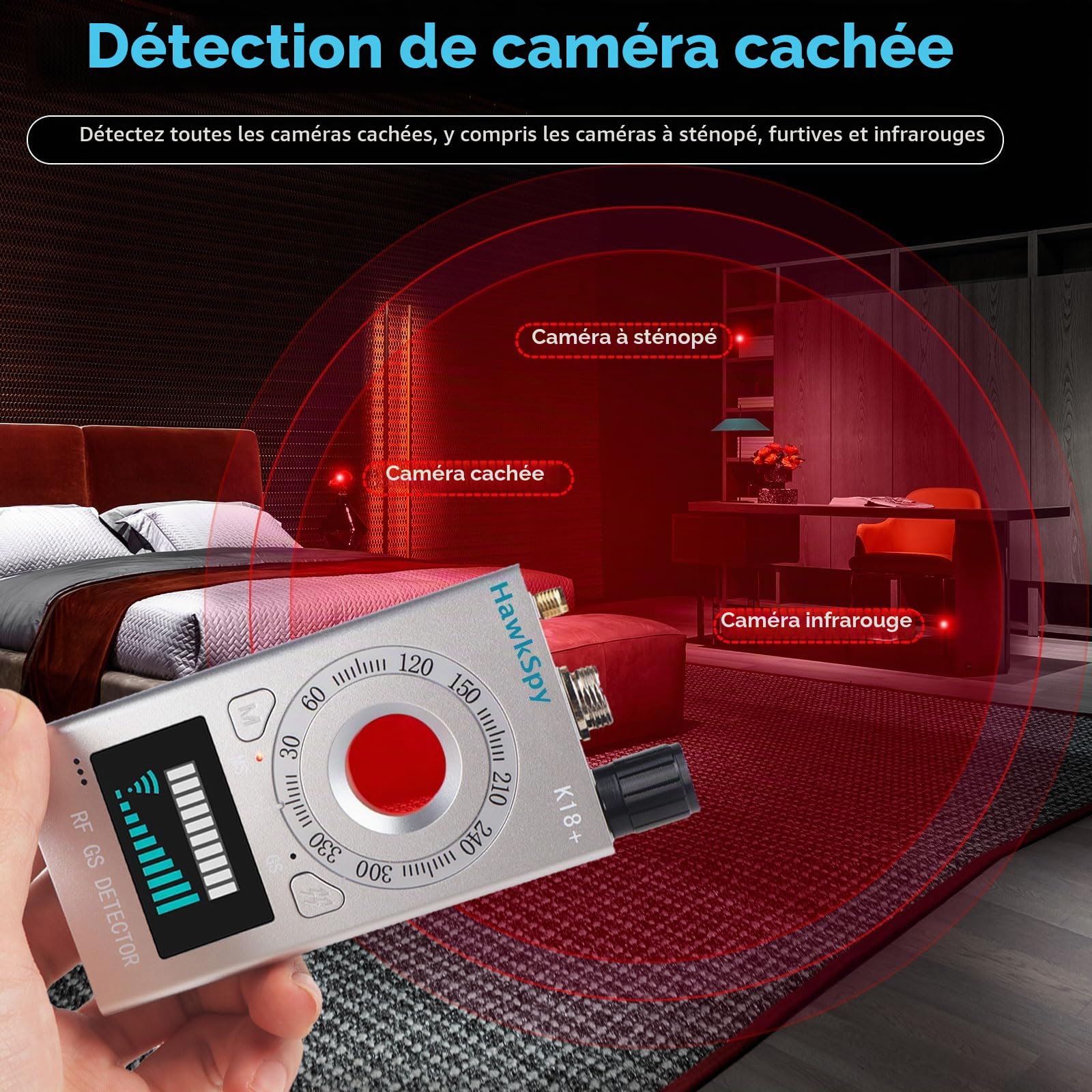 Détecteur de Caméras et Appareils Cachés, Scanner de Traceurs GPS et Sources de Signaux | Alerte Sonore et Vibration | Protection de la Vie Privée Portable (Argent)