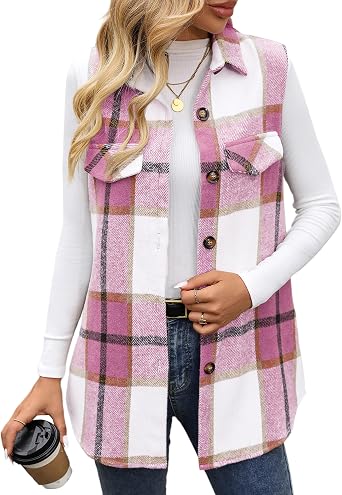 ZILIN Womens Flannel Plaid Vest Button Down Sleeveless Shacket Shirt Jacket