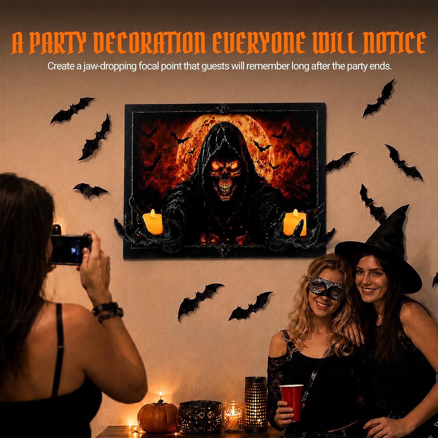 Caelvyn Scary Halloween Decorations Indoor, 3D Grim Reaper Skeleton Hands Wall Decor with LED Candles, Creepy Gothic Wall Art for Haunted House, Home, Room and Party Decor