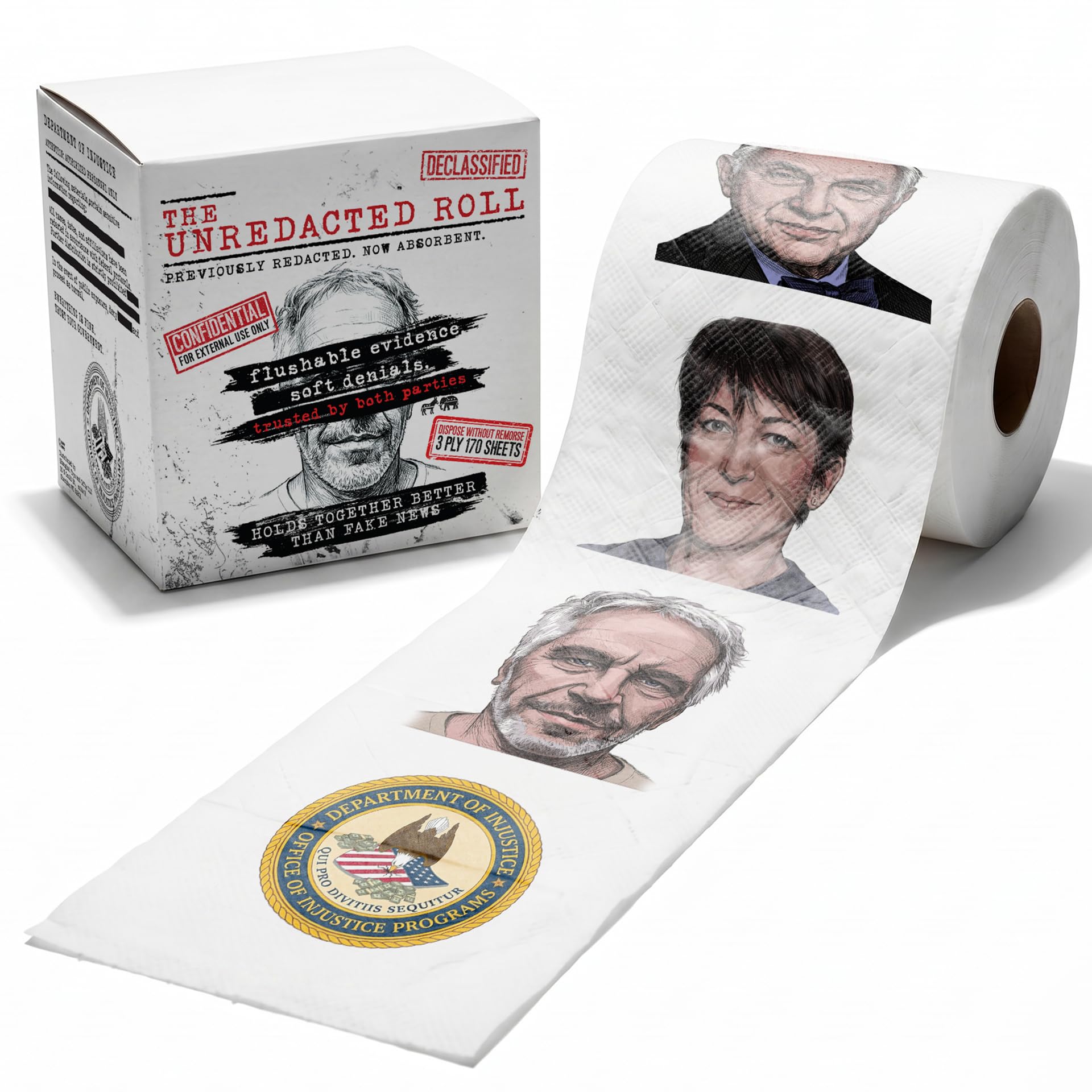 Department of Injustice, Unredacted Roll - Novelty Toilet Paper Gag Gift, 3-Ply, 170 Sheets - Full Color Portraits, Unscented Epstein Files Political Humor Bathroom Tissue White Elephant Gift