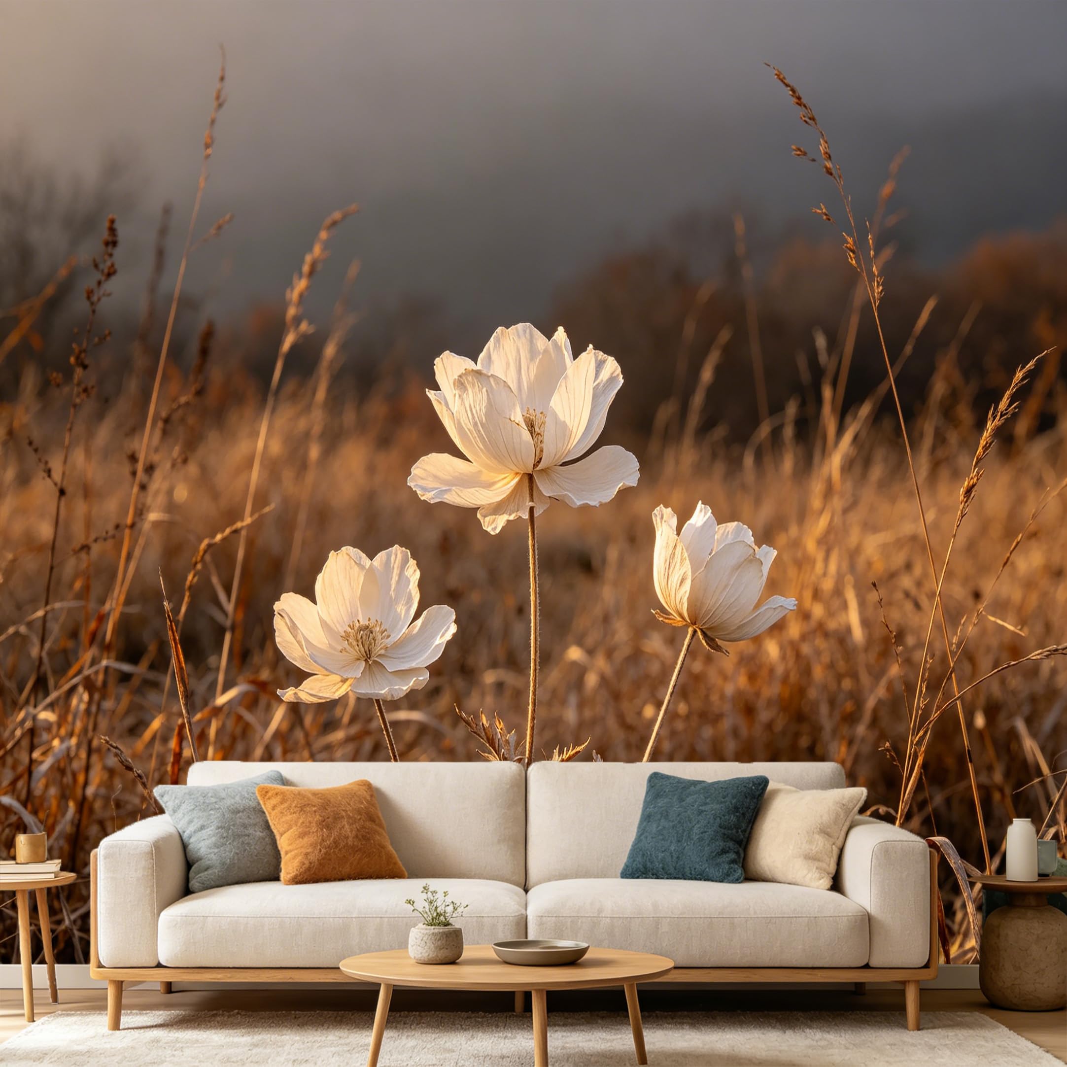 Custom Size Wall Mural Botanical White Wildflower Sunset Meadow Landscape SelfAdhesive Art Prints wall Fabric（No PVC） Removable Wallpaper Home Bedroom Decor