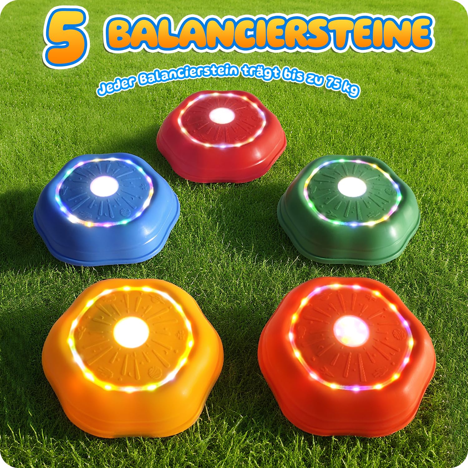 Lot de 5 pierres empilables pour enfants, avec lumière et musique, pierres d'équilibre, pour l'intérieur et l'extérieur, antidérapantes, empilables, pour la motricité et l'entraînement d'équilibre à