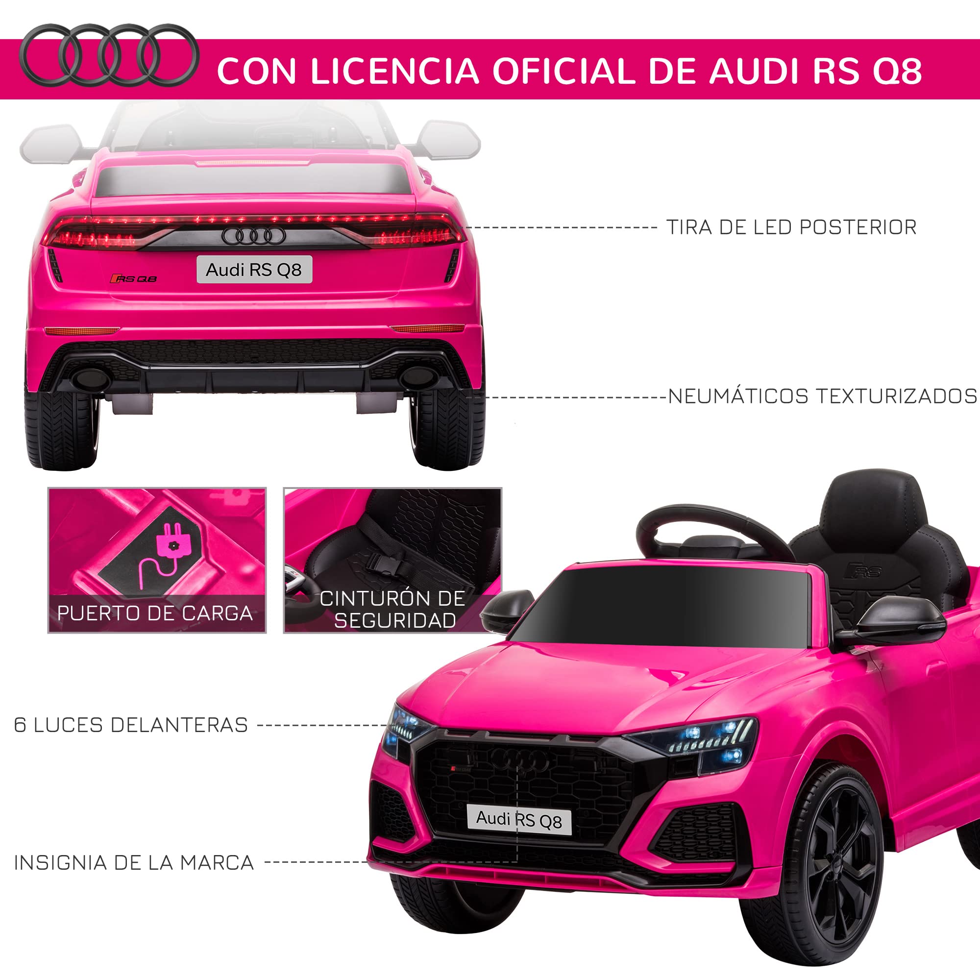 HOMCOM Coche Eléctrico Infantil +3 Años Licencia Audi RS Q8 con Batería 6V 2 Motores Mando a Distancia Música Bocina y Luces Velocidad Máx. 3km/h 101x62x51 cm Rosa